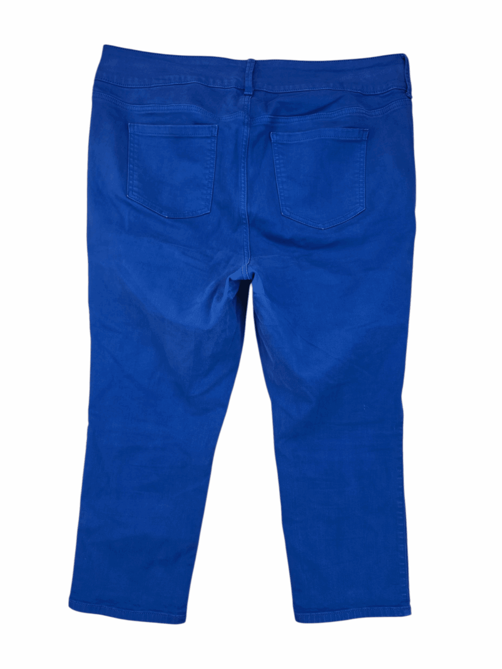 A pair of blue pants laid flat on a white background.