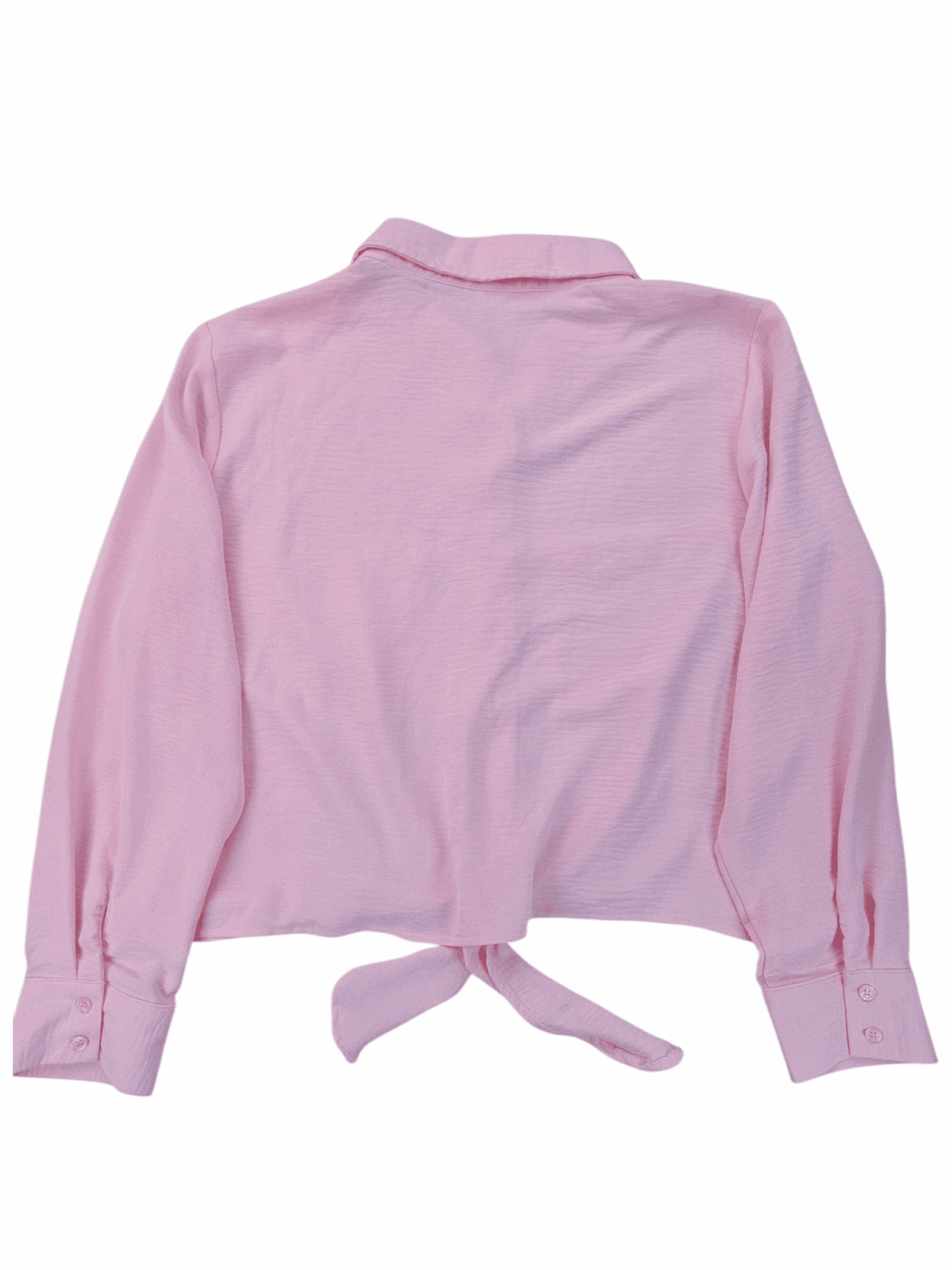 Light pink long-sleeve blouse with a tie detail at the bottom.