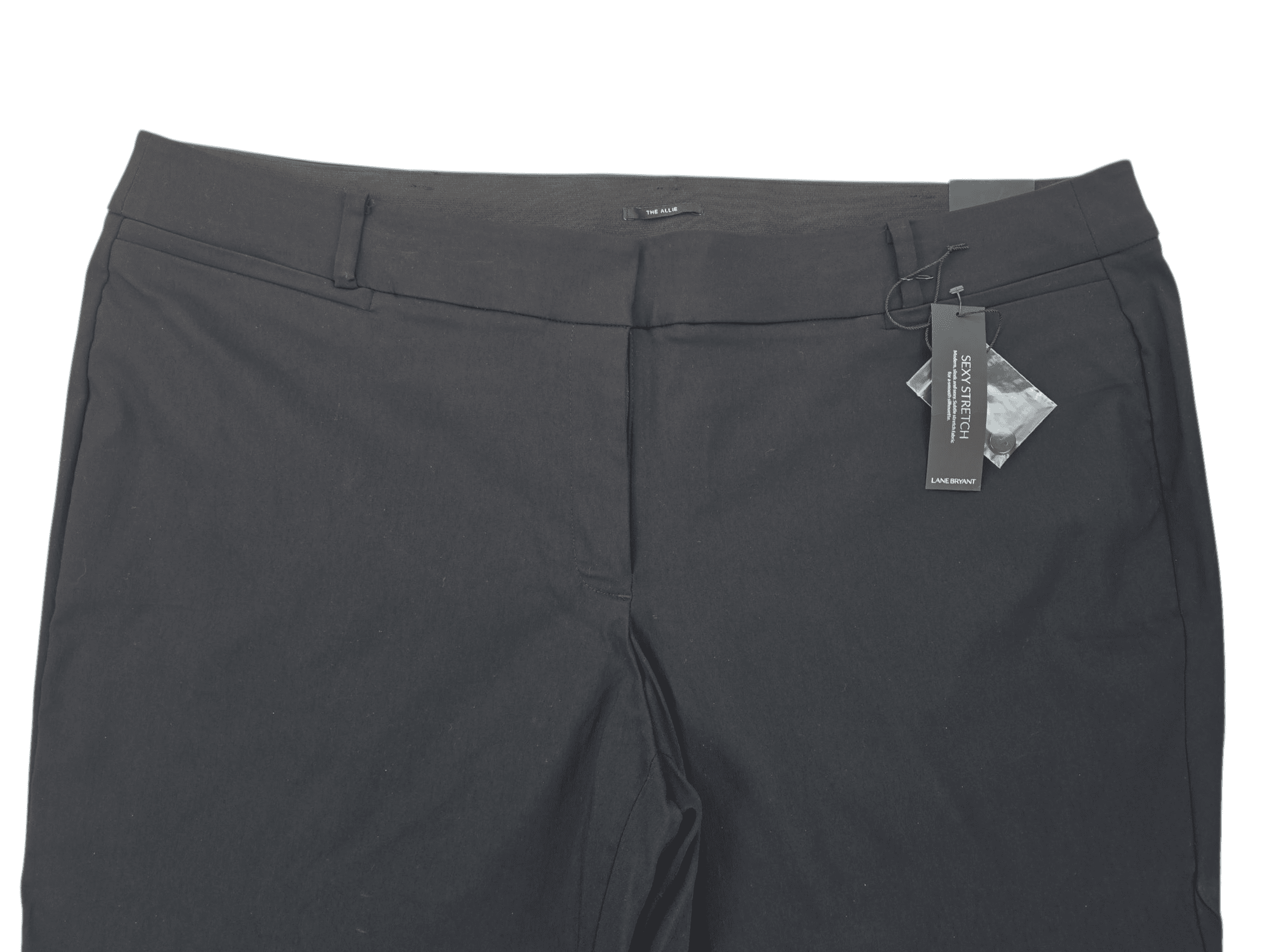 Black formal trousers with a waist tag attached.