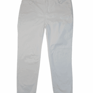 A pair of light-colored jeans laid flat.