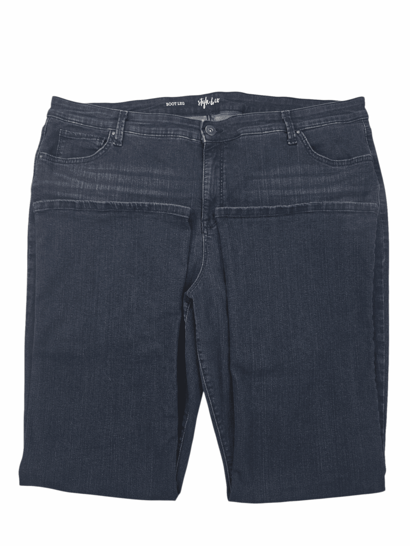 A pair of dark blue denim jeans laid flat.