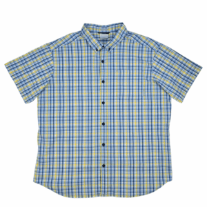 Front view of Columbia yellow and blue checked short sleeve button-up shirt in men’s size 2X showing collar, button placket, and chest pockets.