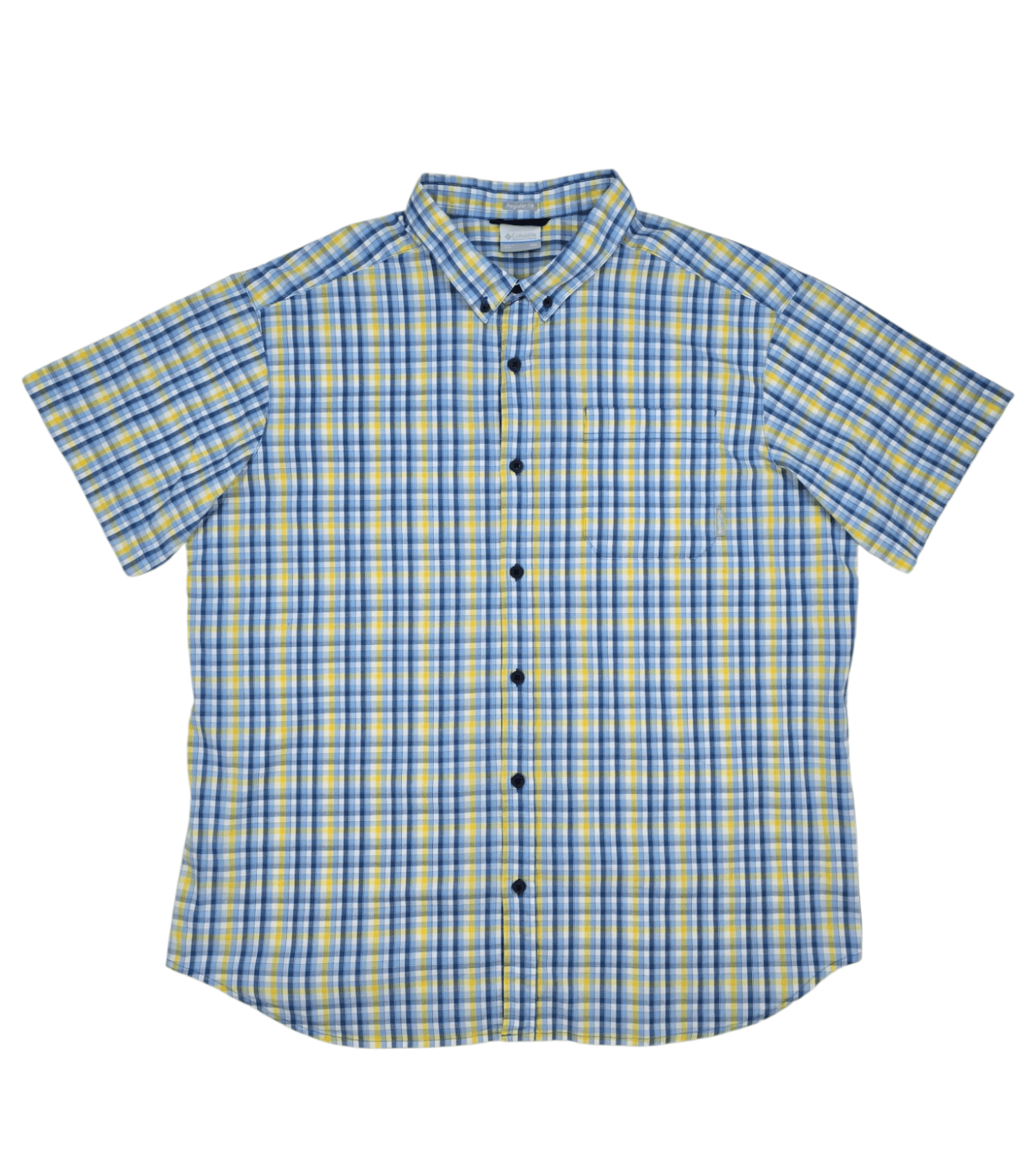 Front view of Columbia yellow and blue checked short sleeve button-up shirt in men’s size 2X showing collar, button placket, and chest pockets.