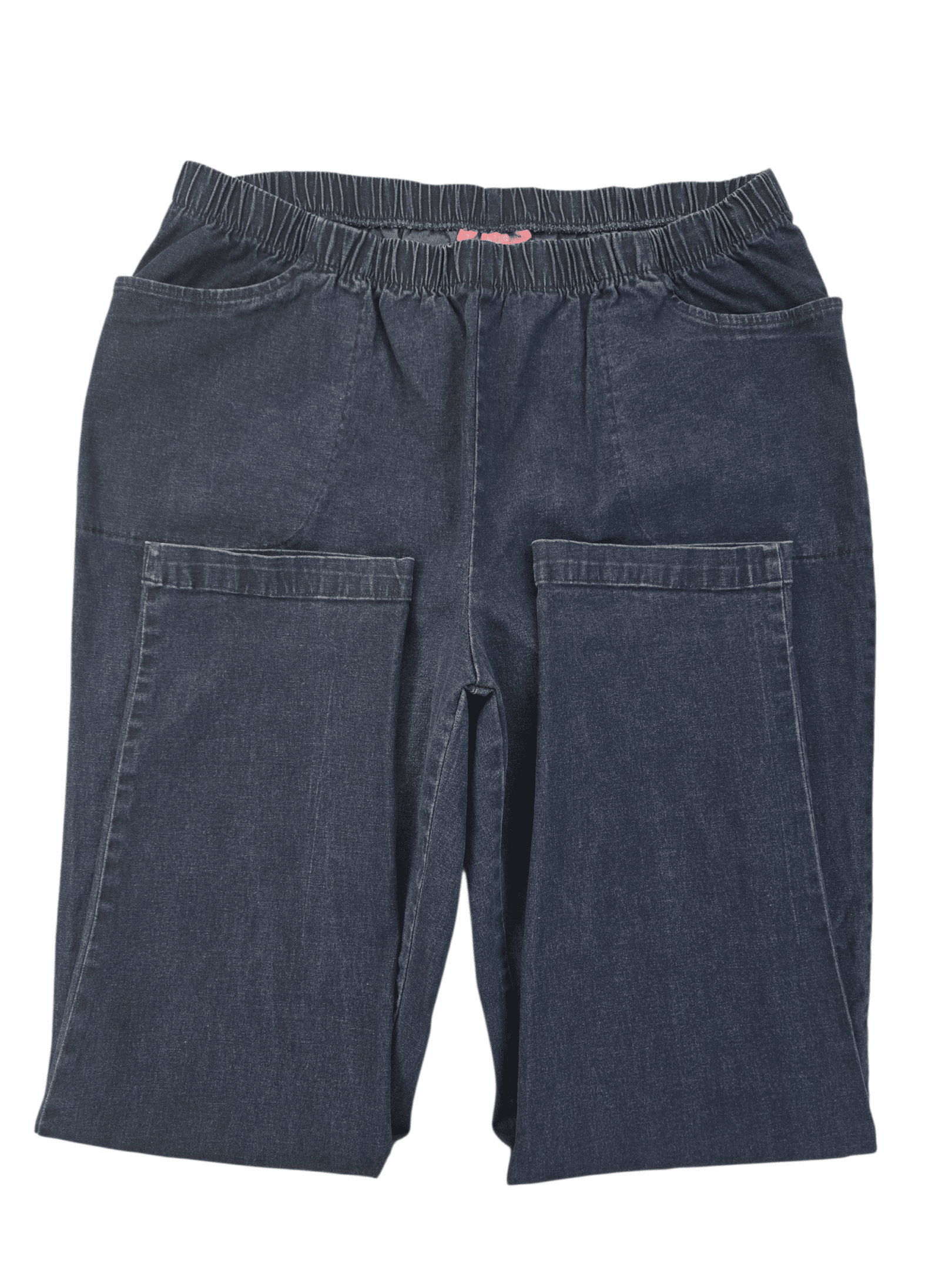 Dark blue pants with large front pockets and elastic waistband.