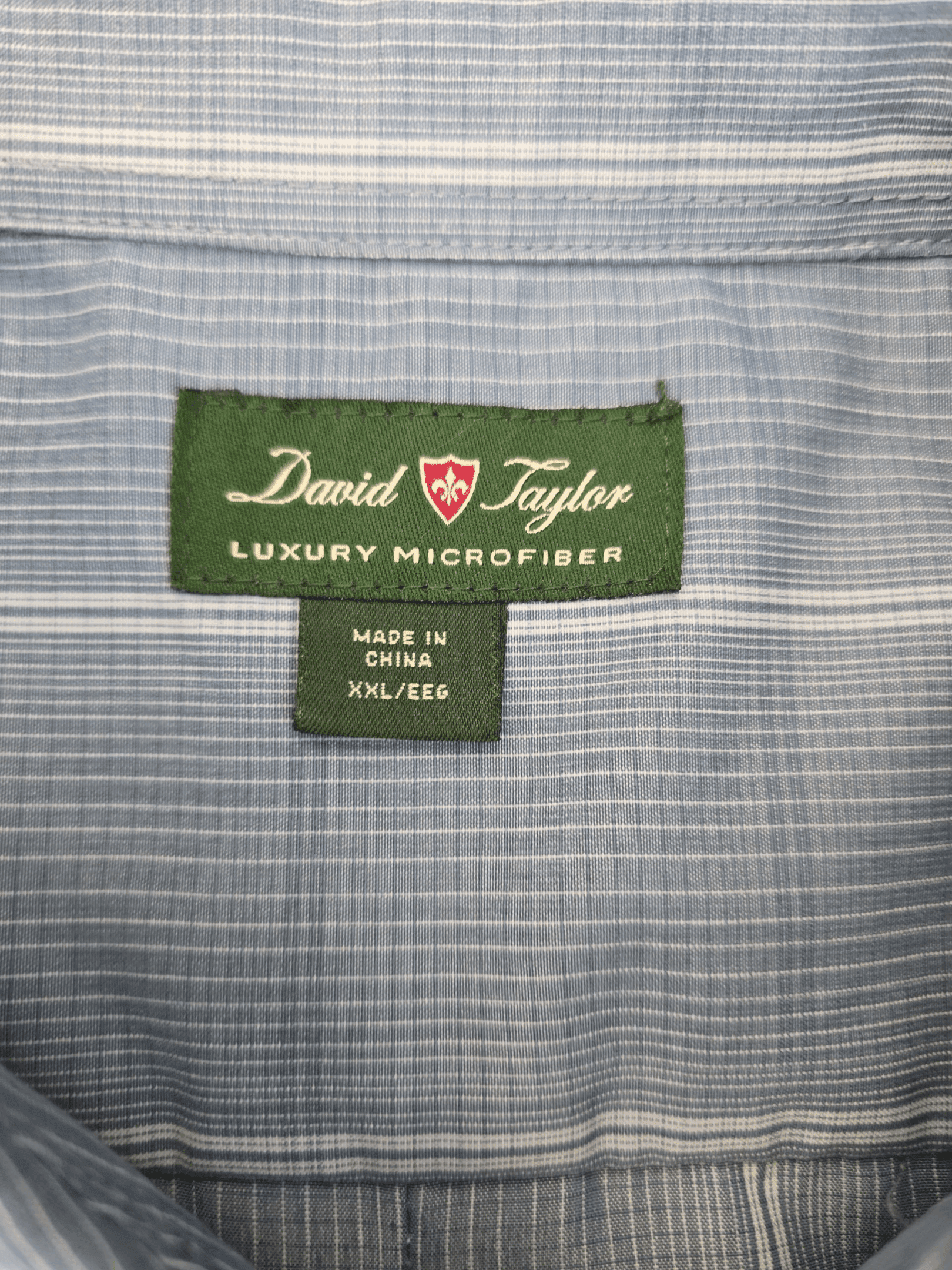 David Taylor brand and size tag on Luxury Microfiber blue and white checked button-up shirt in men’s size XXL.