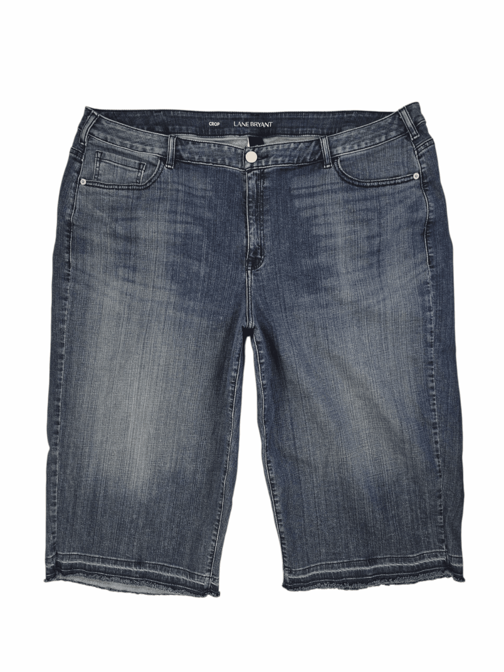 Lane Bryant Women’s Plus Size 26 blue denim cropped pants with raw hem front view