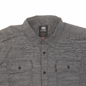 Gray patterned button-up shirt with short sleeves and collar.