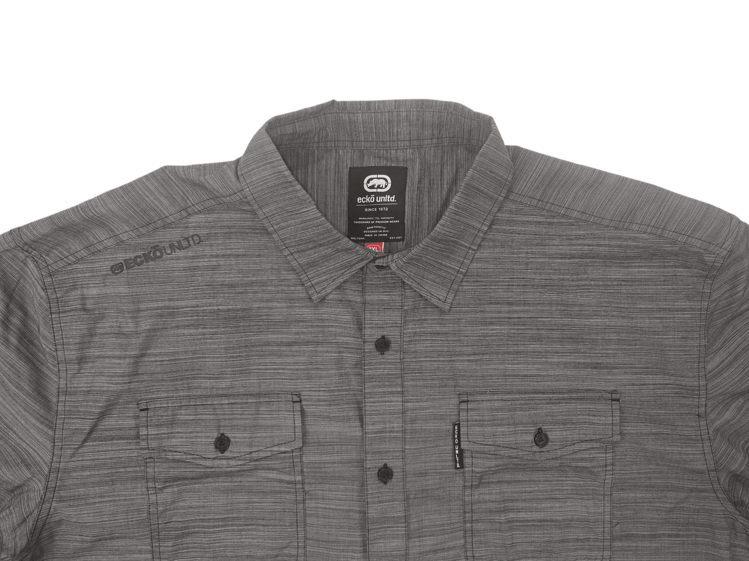 Gray patterned button-up shirt with short sleeves and collar.