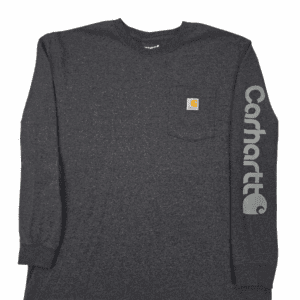 Dark gray Carhartt long-sleeve shirt with logo on chest and sleeve.