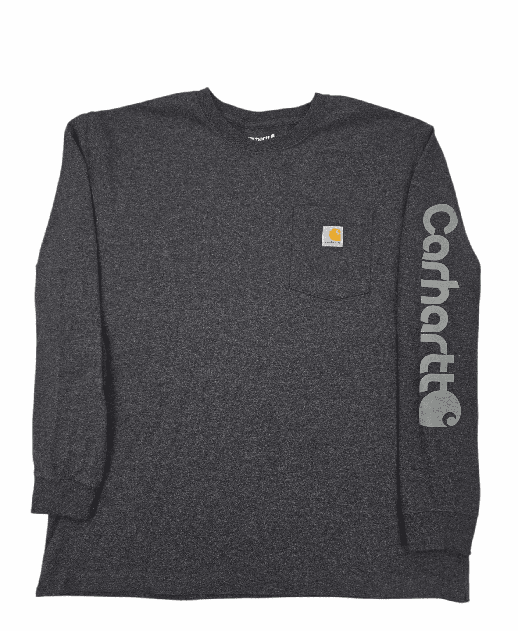 Dark gray Carhartt long-sleeve shirt with logo on chest and sleeve.