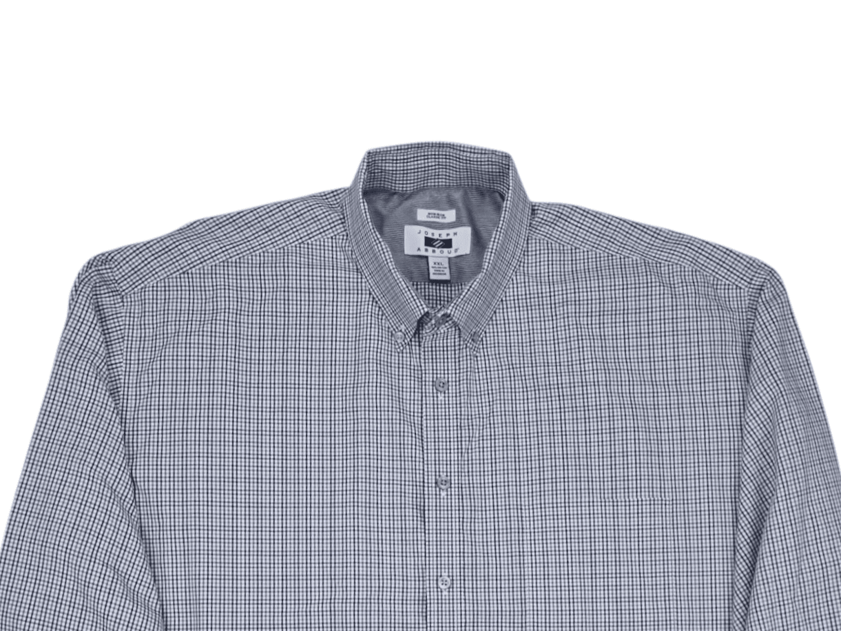 Close-up of collar, buttons, and blue and white pattern on Joseph Abboud button-up shirt men’s size XXL