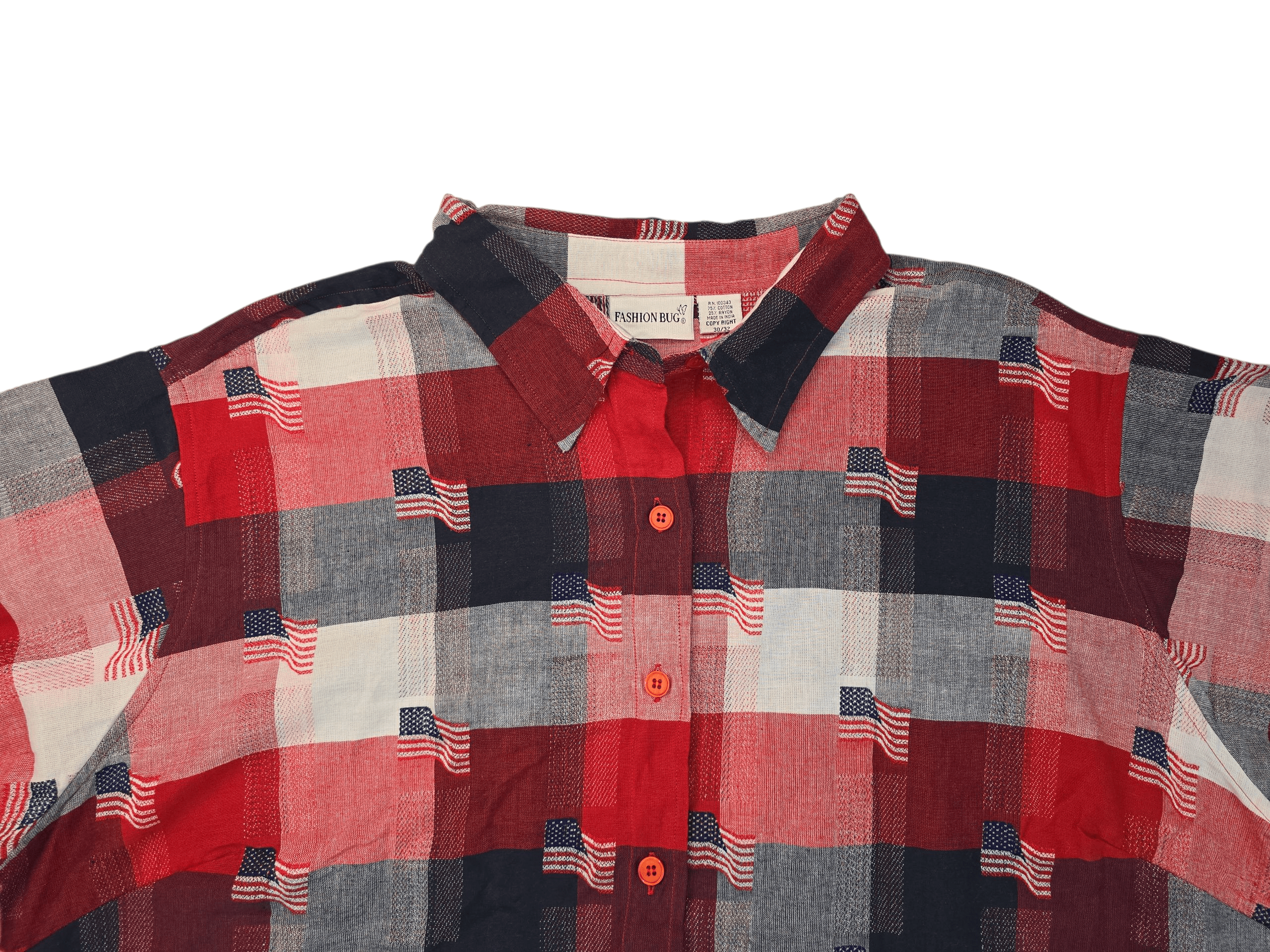 Close-up of Fashion Bug red, white, and blue American flag plaid button-up shirt showing collar, buttons, and pattern detail.