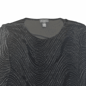 Close-up of Elementz black crushed velvet rhinestone pullover top showing neckline rhinestones and velvet fabric detail.