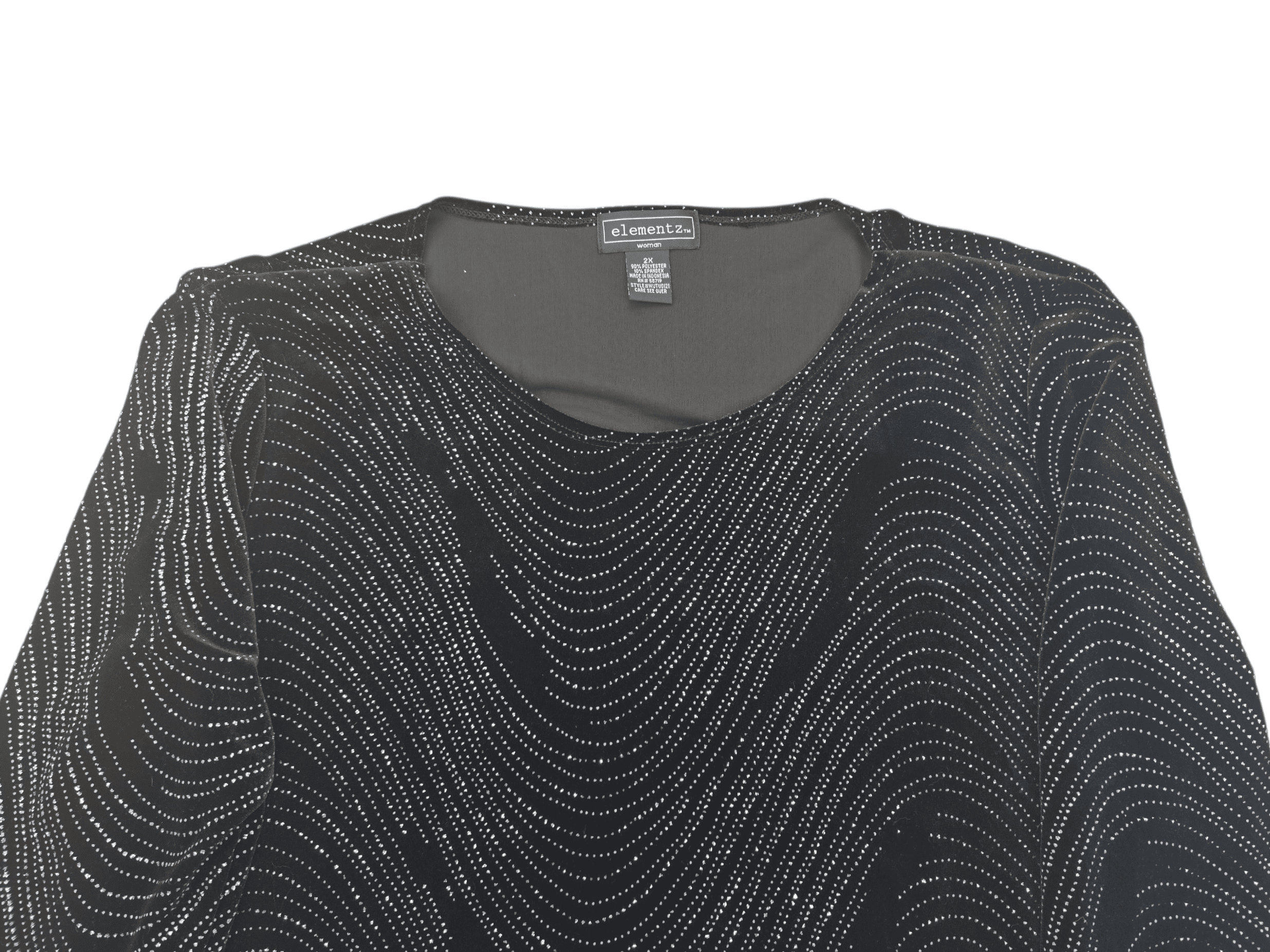 Close-up of Elementz black crushed velvet rhinestone pullover top showing neckline rhinestones and velvet fabric detail.