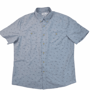 Light blue short-sleeve button-up shirt with subtle patterns.