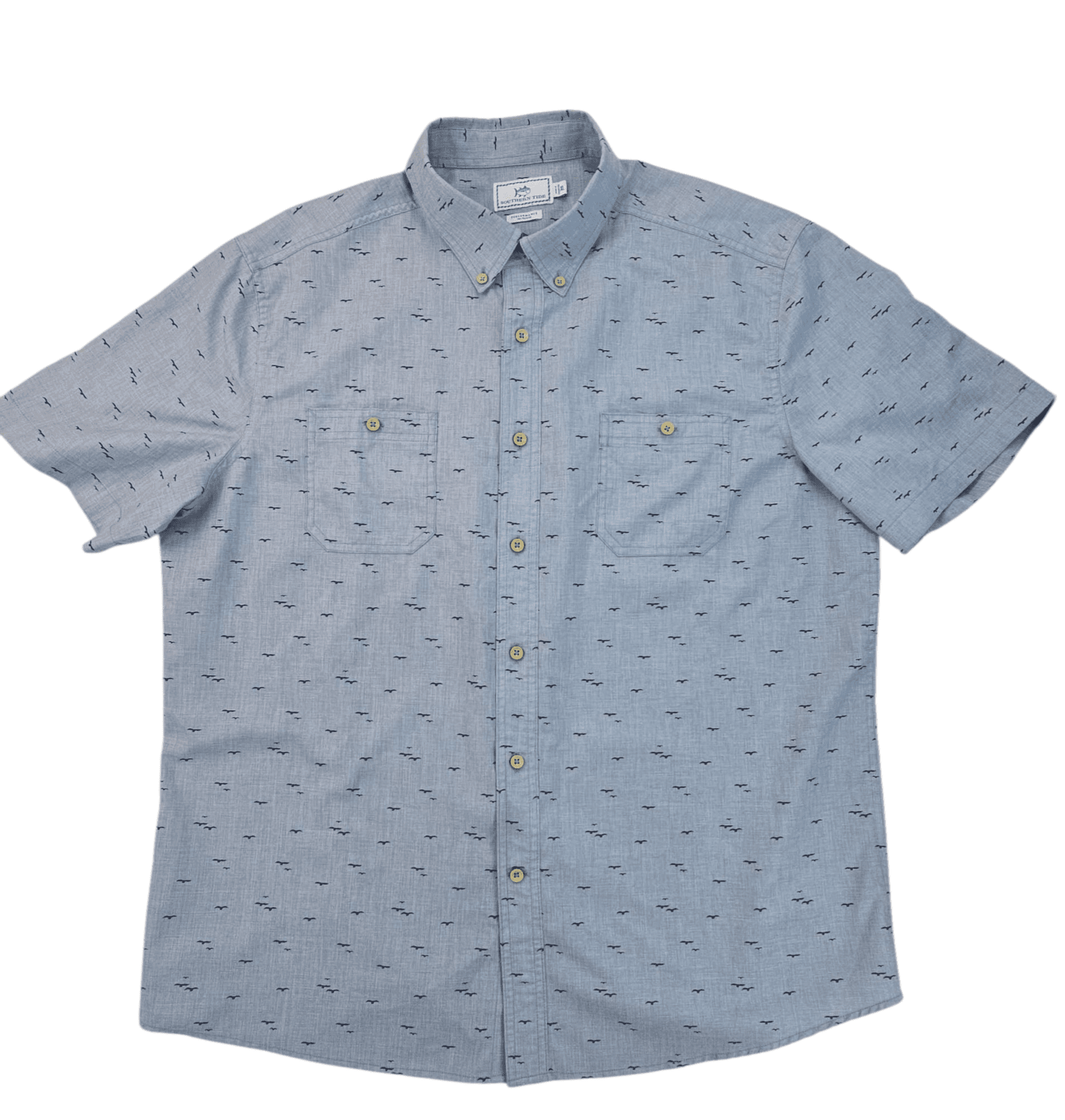 Light blue short-sleeve button-up shirt with subtle patterns.