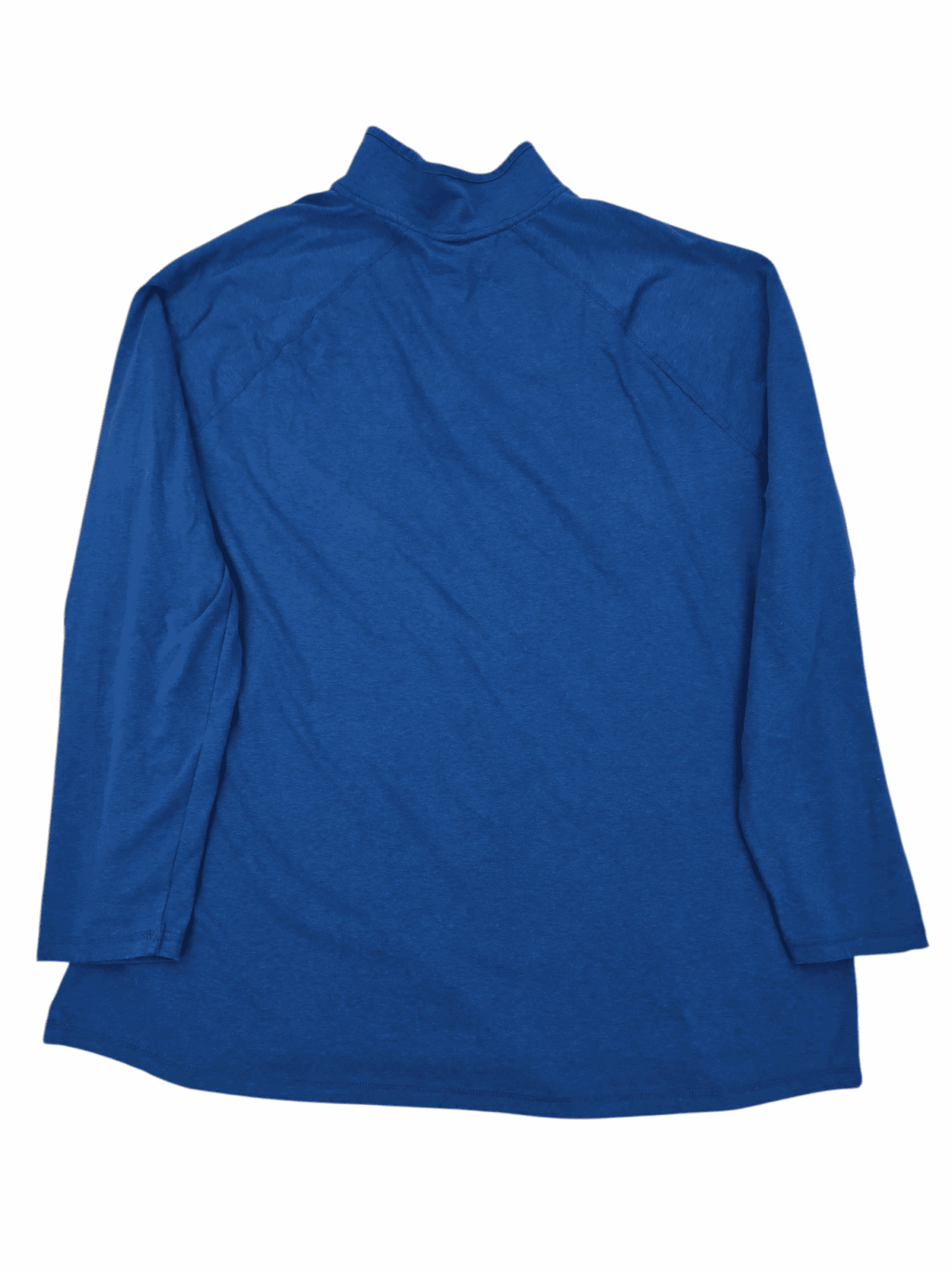 Long-sleeve blue shirt laid flat on a white background.