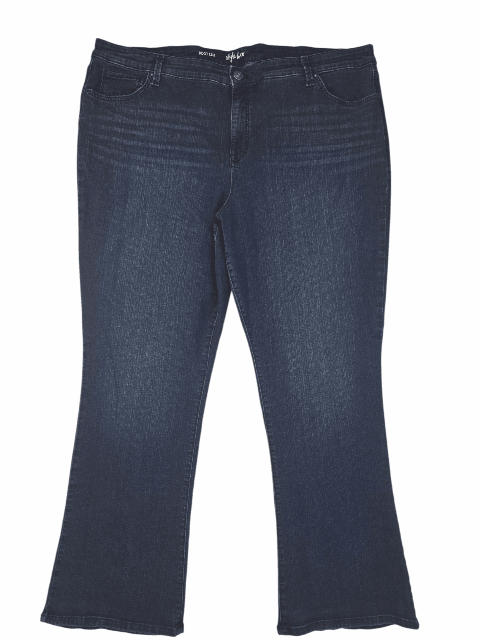 A pair of dark blue denim jeans with a straight-leg cut.