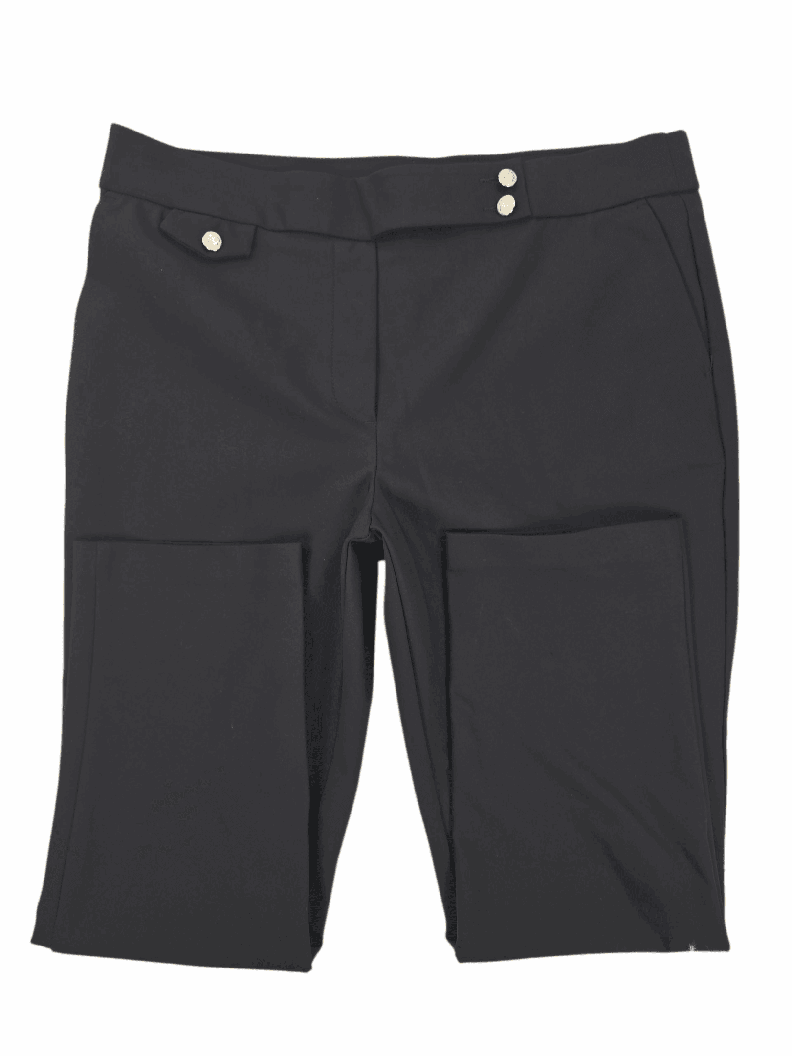 Black formal trousers with button closure and pockets.