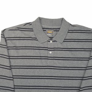 Close-up of The Foundry gray and navy striped long sleeve polo shirt showing collar, buttons, and stripe detail.