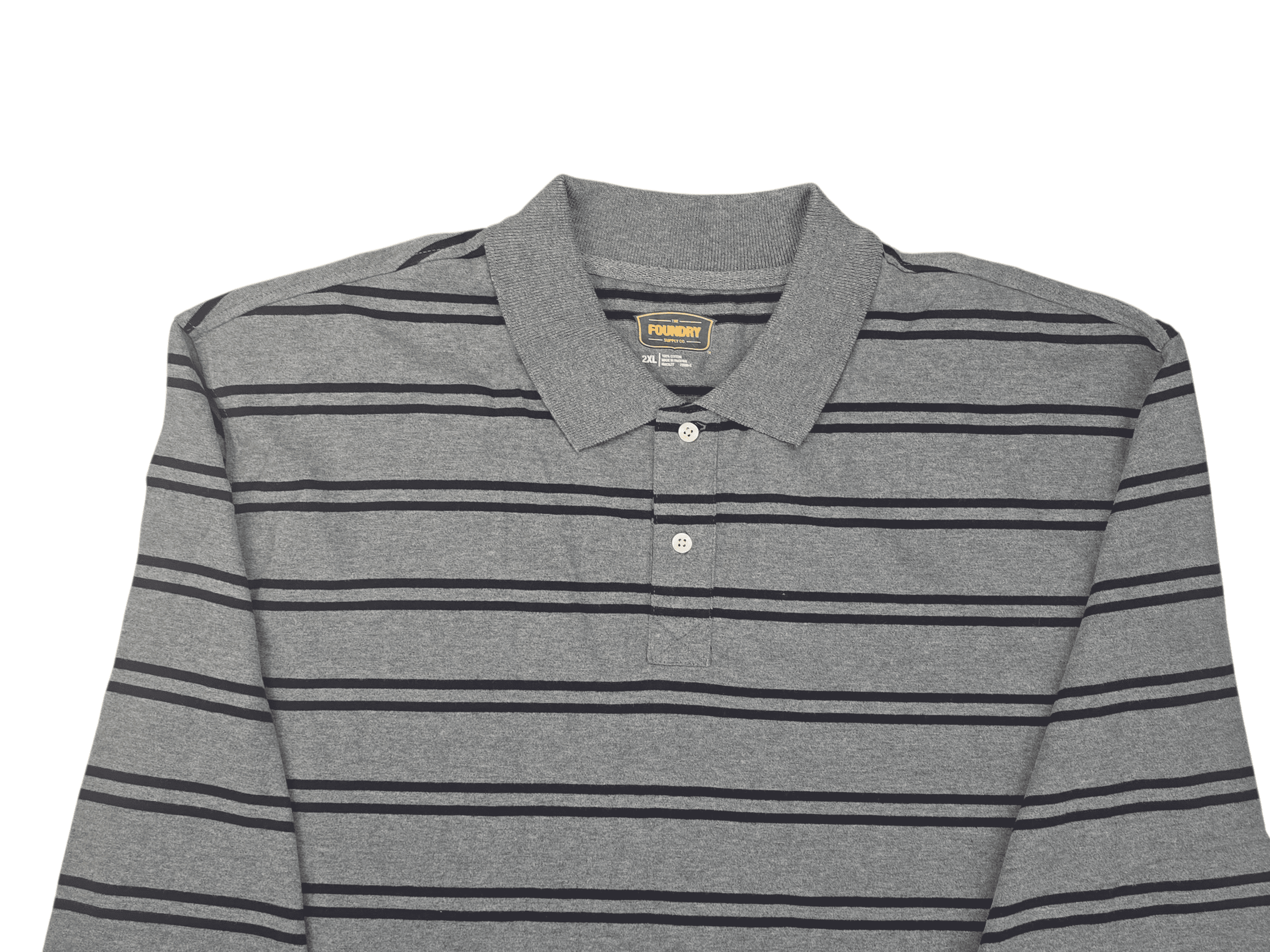 Close-up of The Foundry gray and navy striped long sleeve polo shirt showing collar, buttons, and stripe detail.