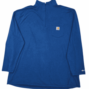 Blue long-sleeve pullover with a quarter zipper and a chest pocket.