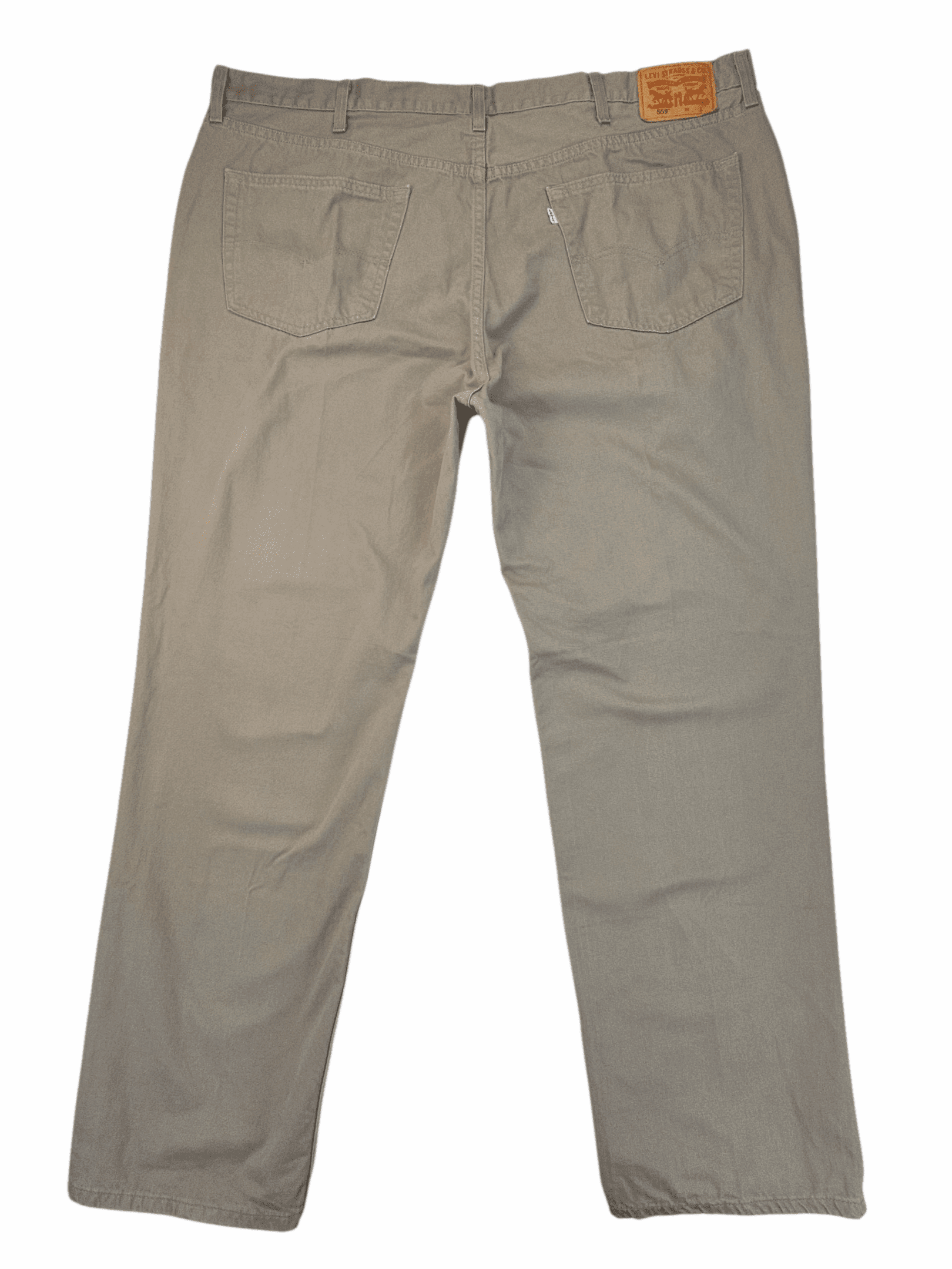 Beige casual pants laid flat on a white surface.