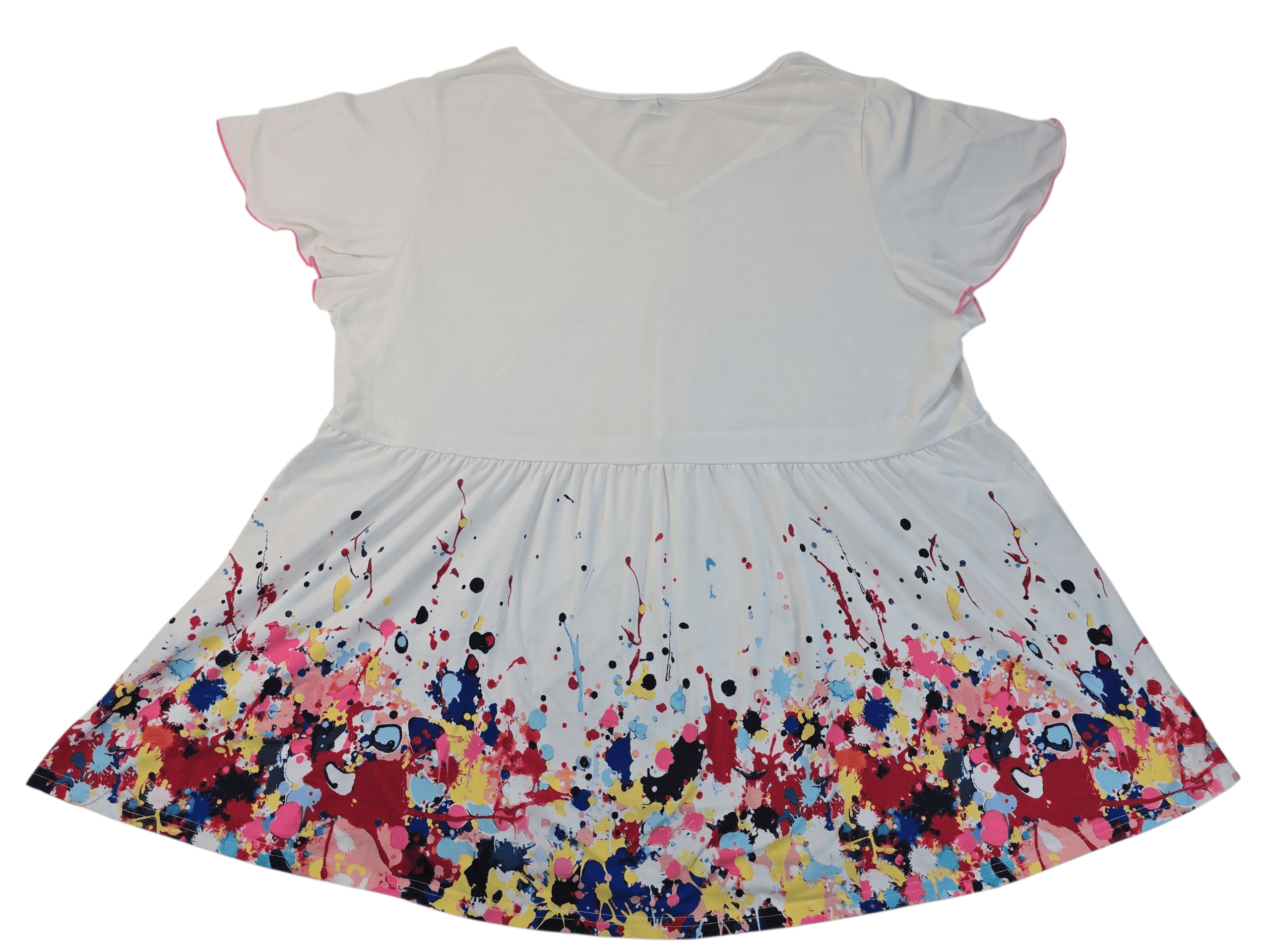 Front view of Bloom Chic multi-color paint splatter V-neck pullover top in women’s plus size 22/24 showing abstract paint pattern and relaxed fit.