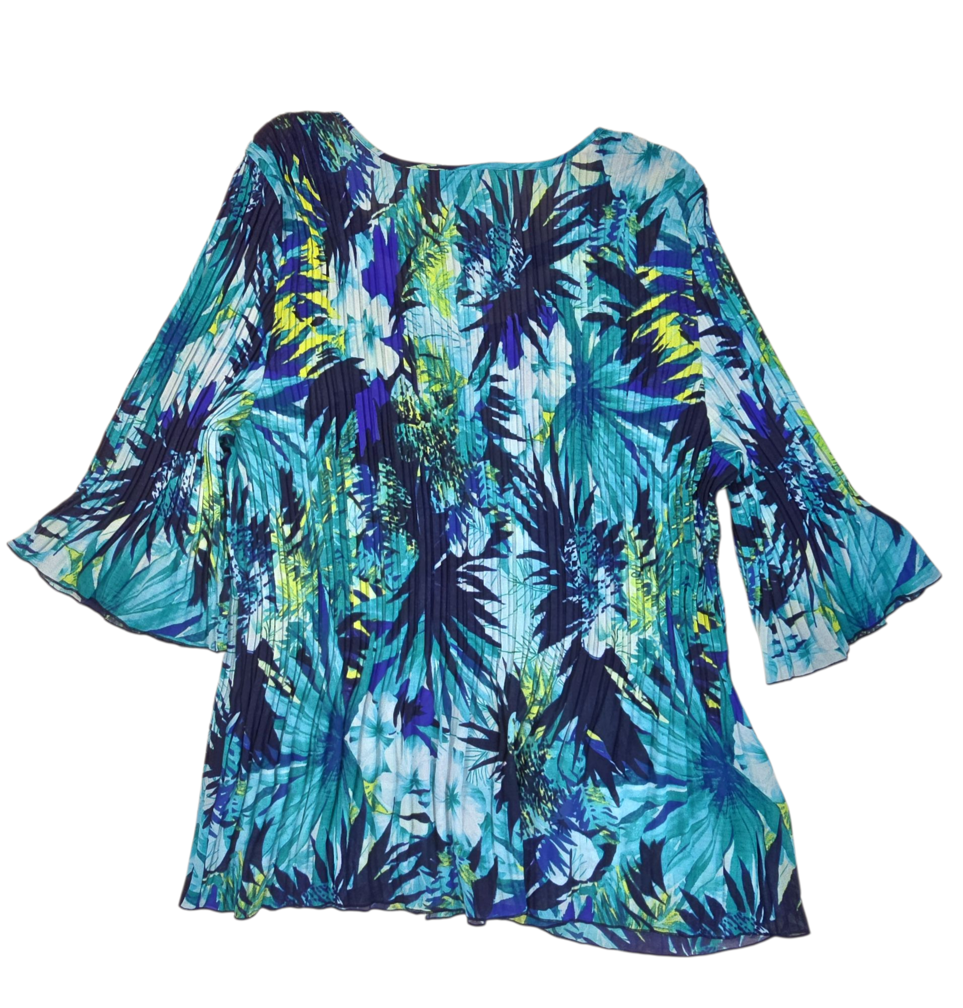 Back view of Catherines blue and green leaf print rhinestone scoop neck top showing full leaf pattern and smooth knit fabric.