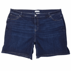 Dark blue denim shorts with a classic five-pocket design.