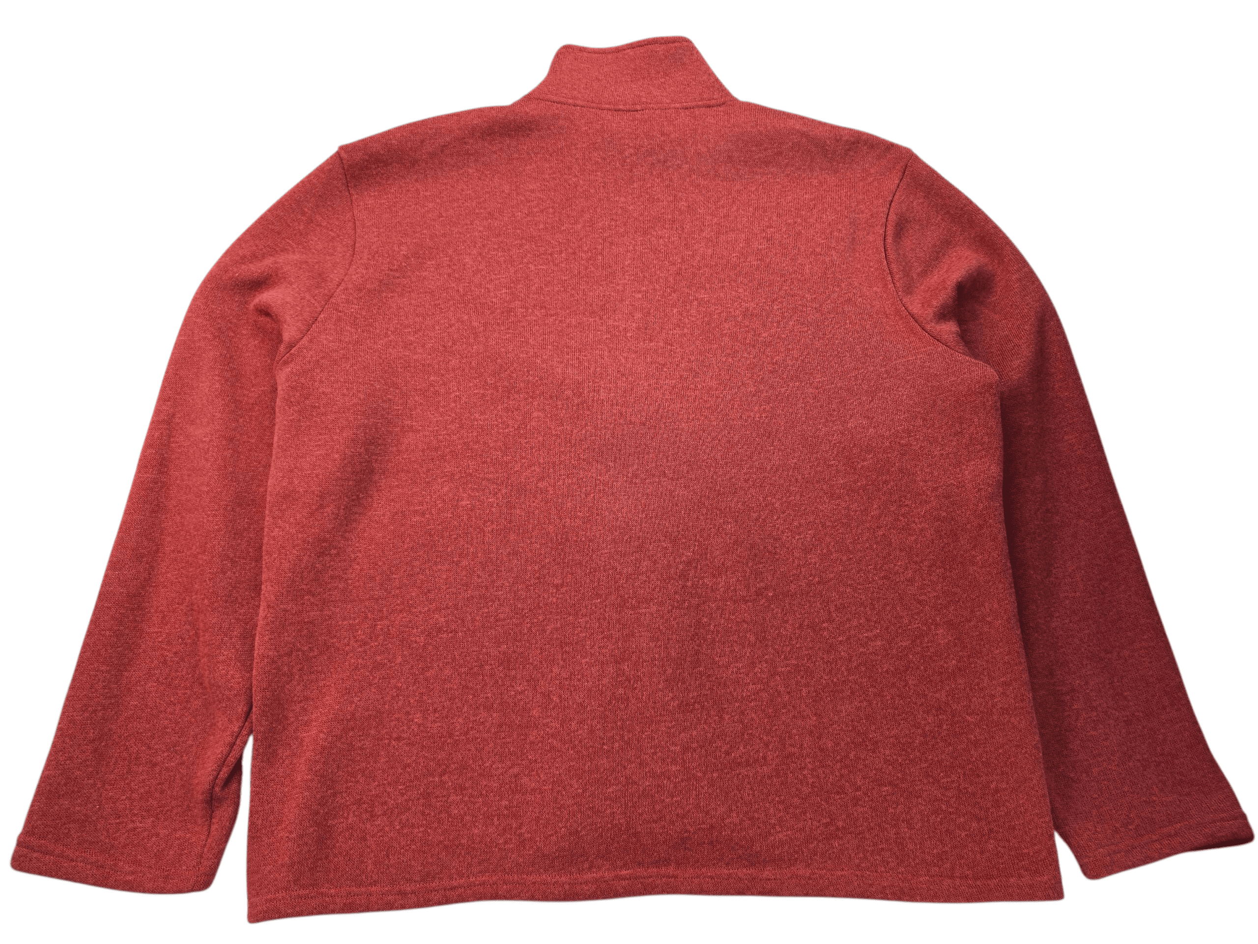 Back view of Saddlebred rust quarter-zip knit pullover showing smooth back and ribbed hem.