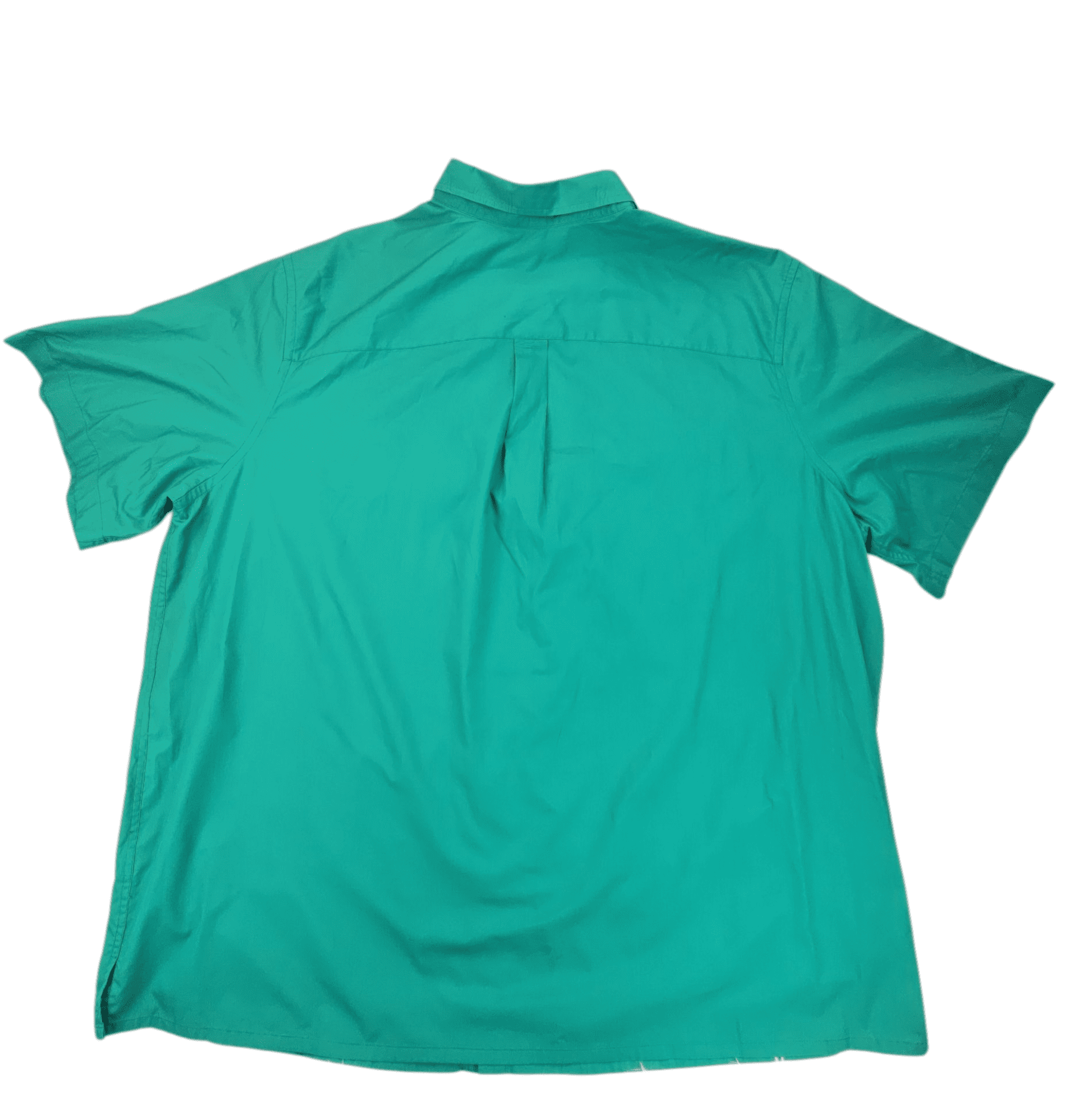 Green short-sleeve shirt laid flat showing the back side.