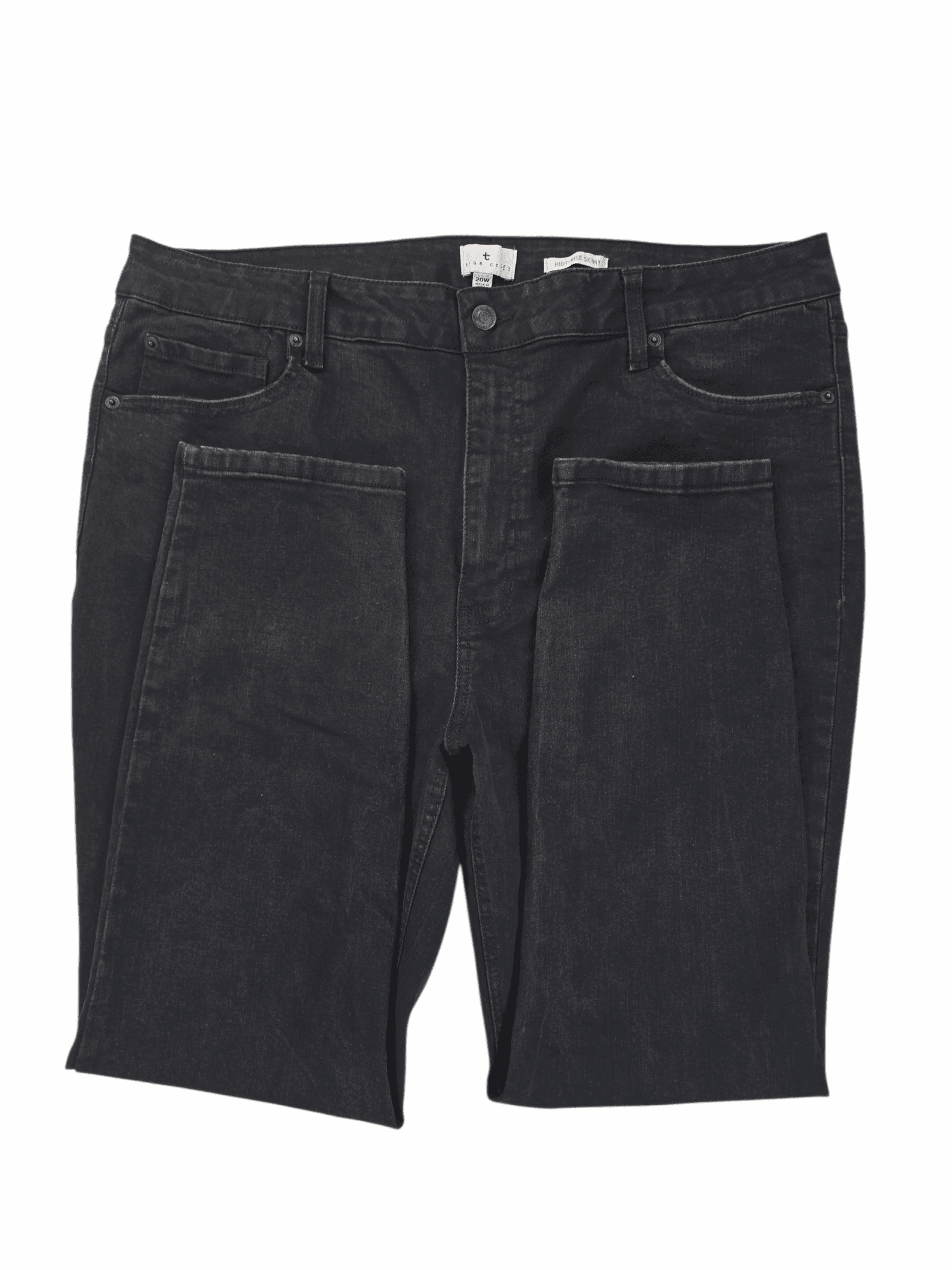 Close-up of True Craft high rise skinny black jeans front showing button closure, zipper, and waistband detail.