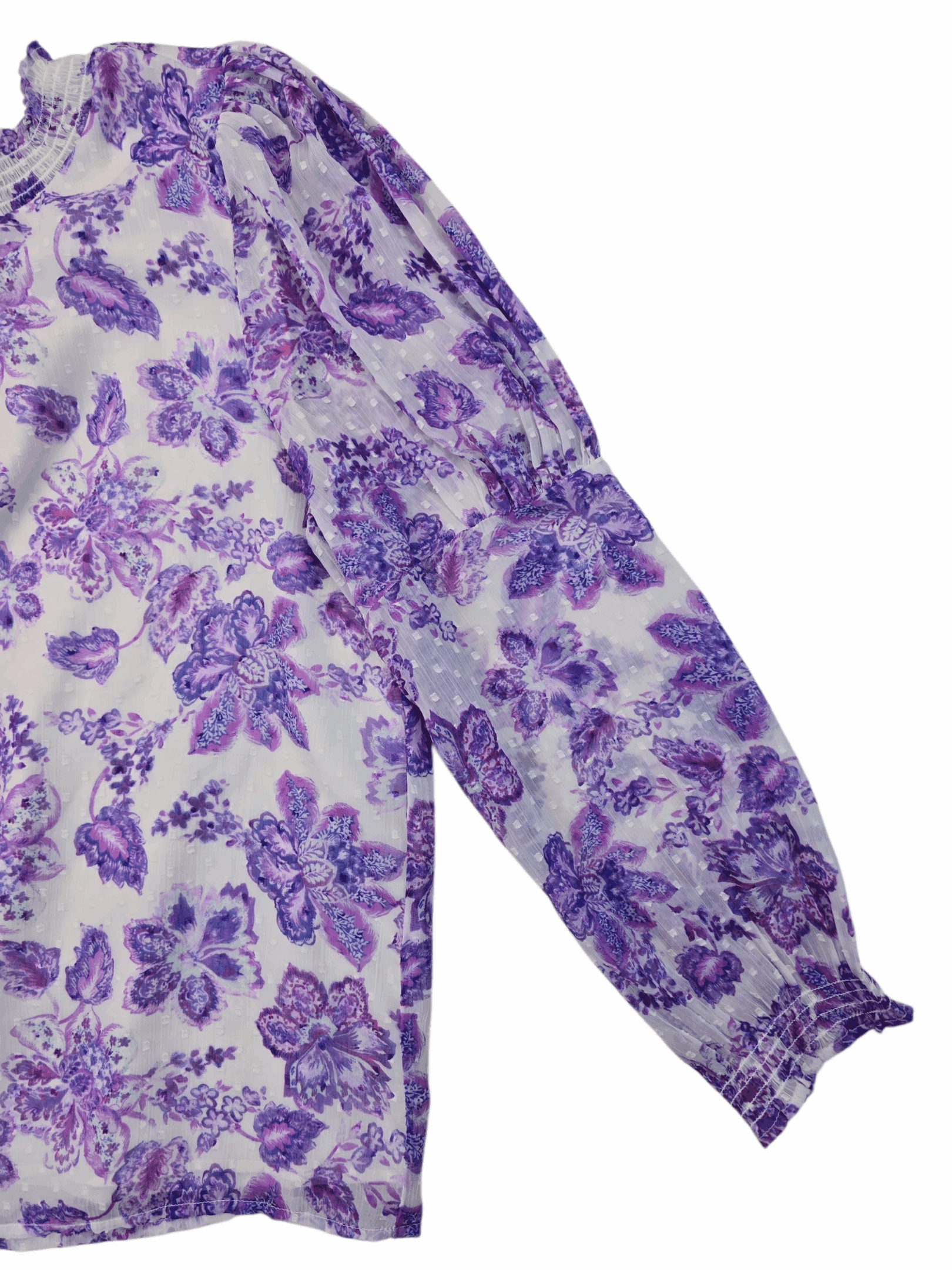 A purple floral patterned long-sleeve garment sleeve.