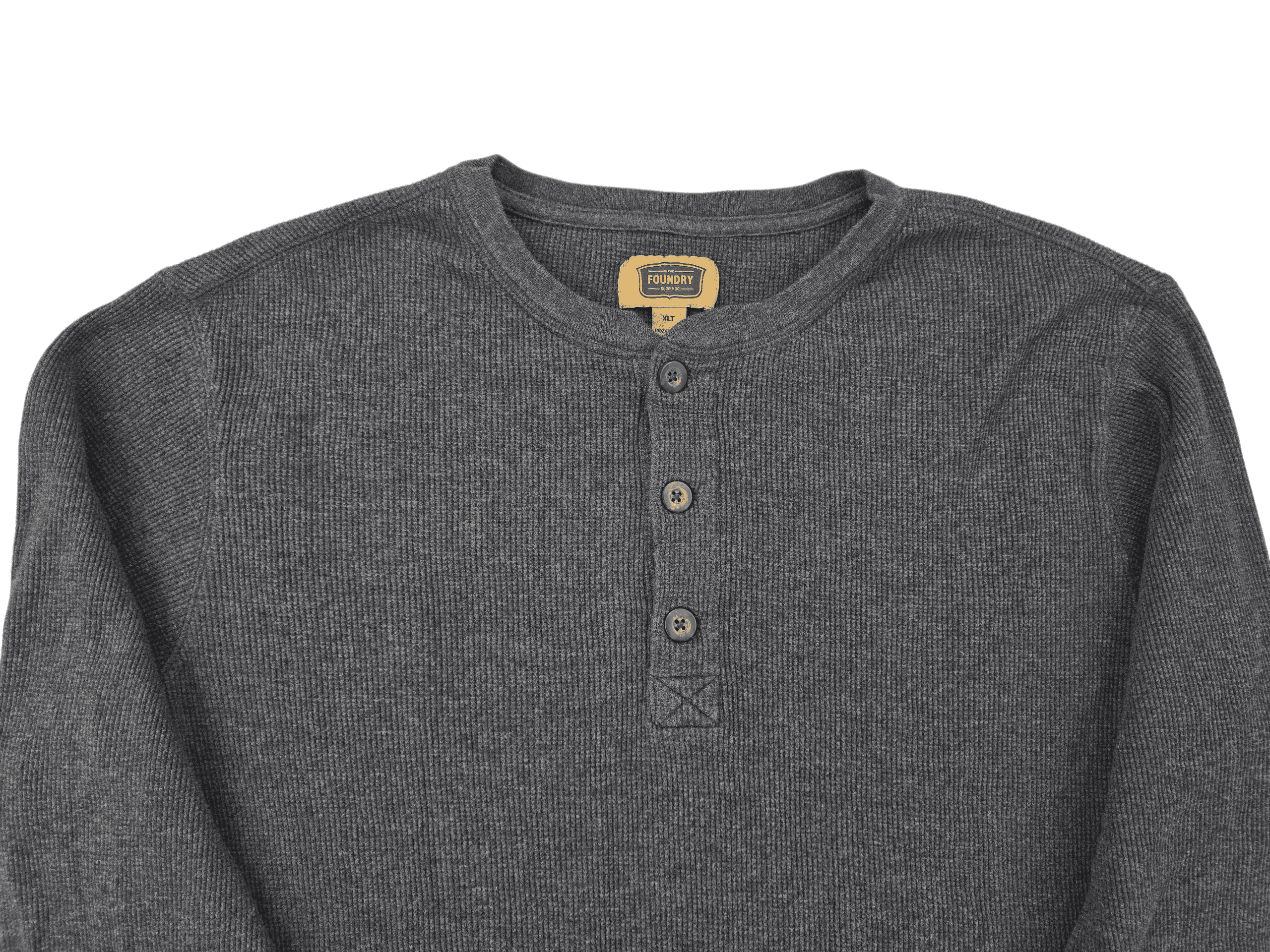 Close-up of button placket and waffle texture on The Foundry gray Henley shirt size XLT