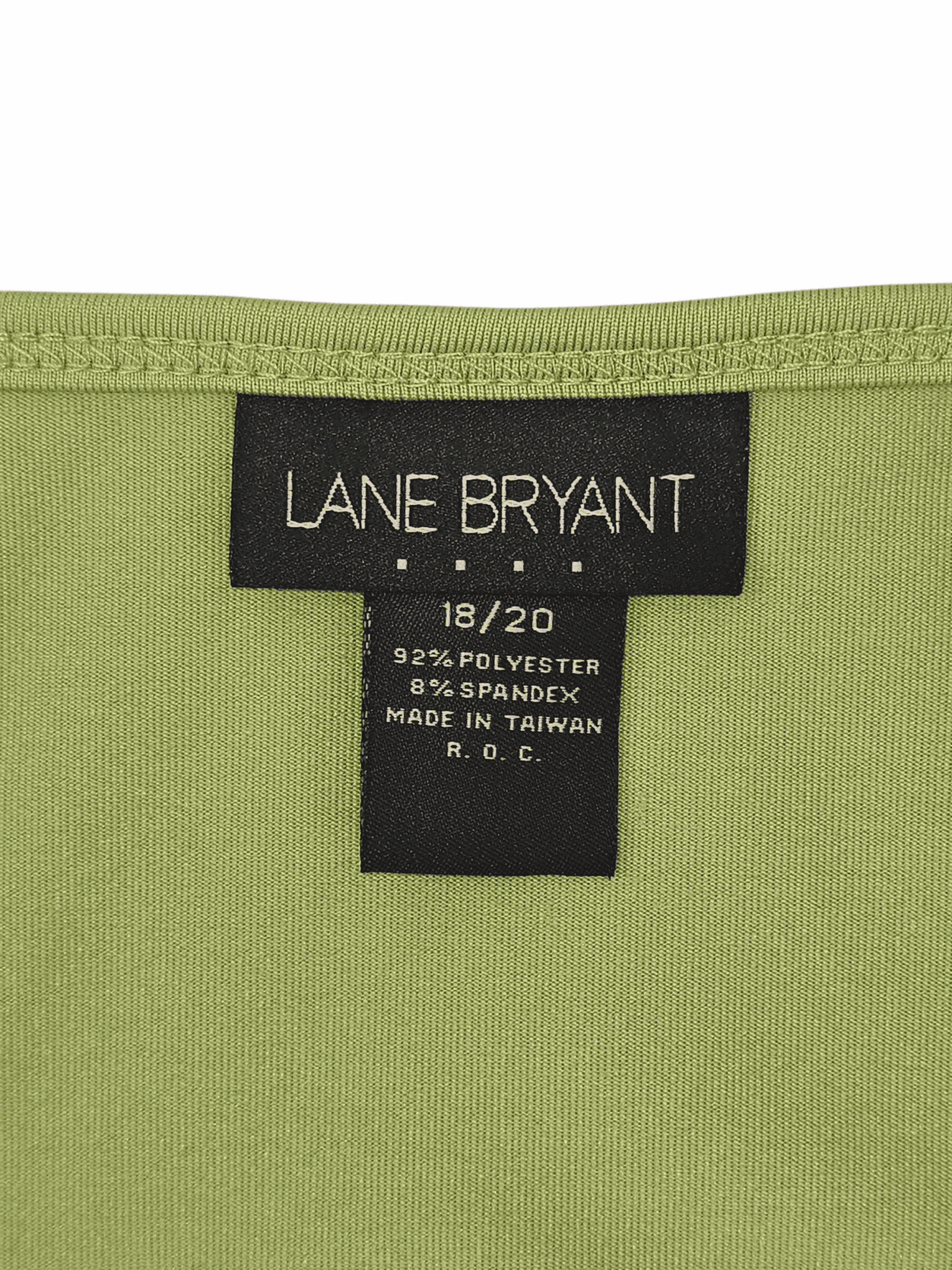 Clothing label from Lane Bryant indicating size 18/20 and fabric details.