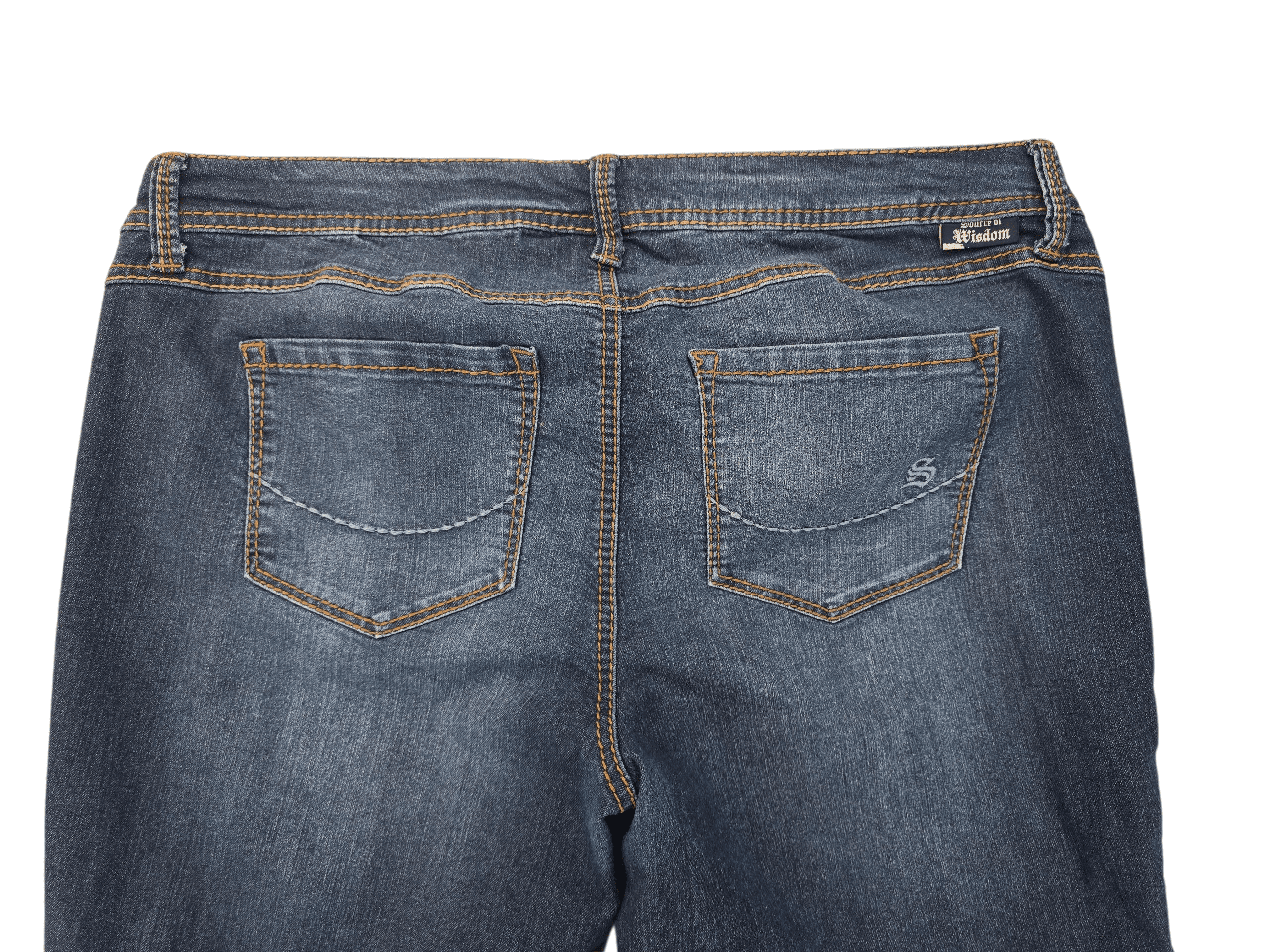 Back view of blue denim jeans with pockets and belt loops.