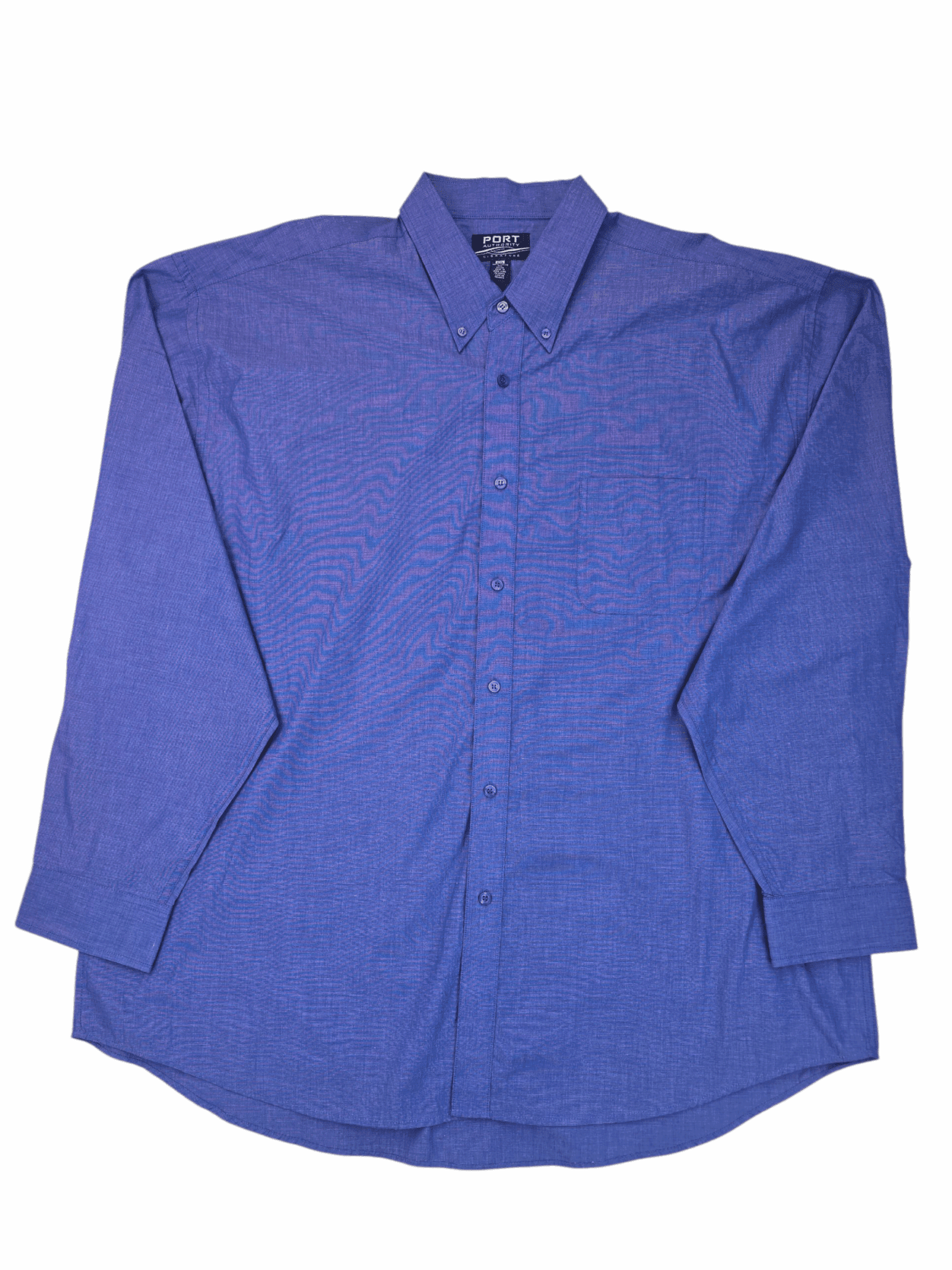 Blue long-sleeve button-up shirt laid flat.