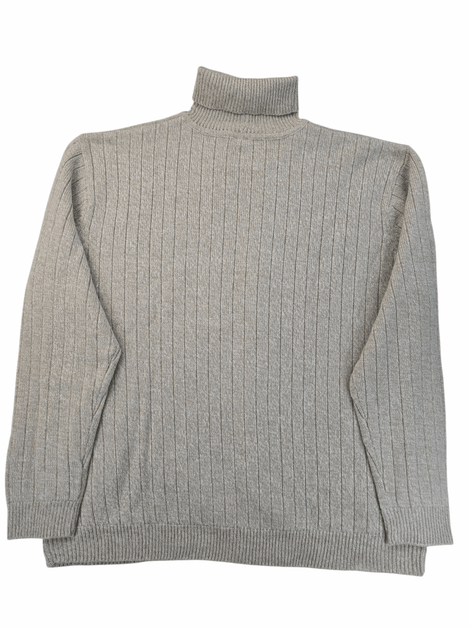 Gray ribbed turtleneck sweater laid flat.