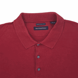 Close-up of a red polo shirt with a collar and buttons.