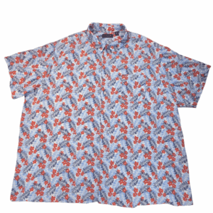 Light blue short-sleeve shirt with red and white floral pattern.