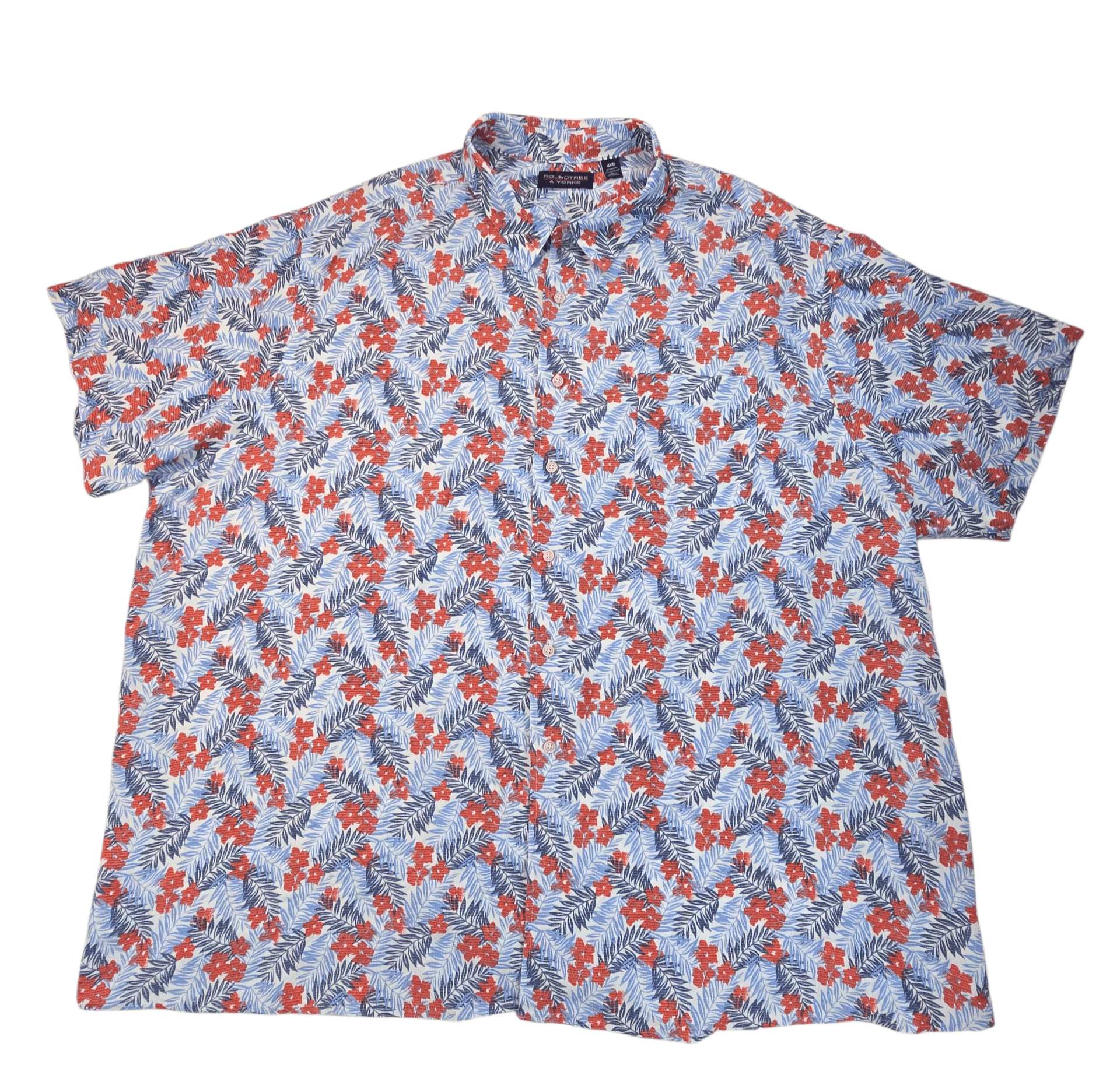 Light blue short-sleeve shirt with red and white floral pattern.