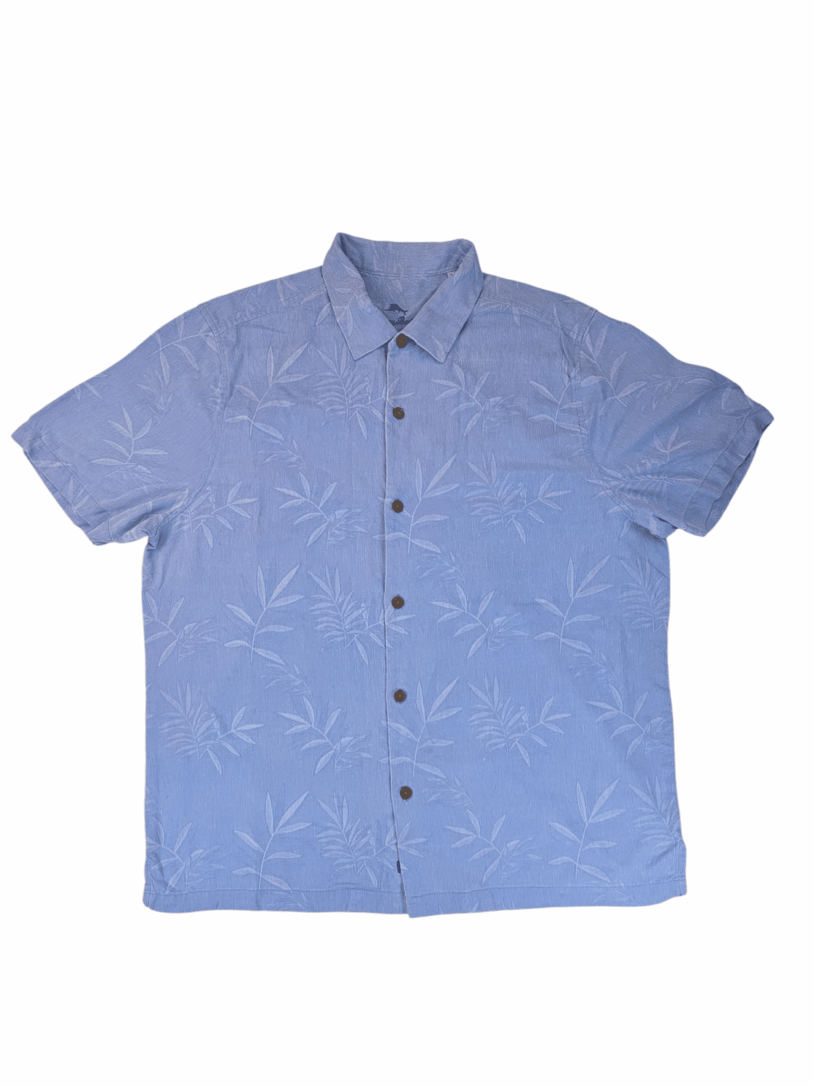 Tommy Bahama soft blue silk-cotton short sleeve button-up shirt men’s size XL – front view
