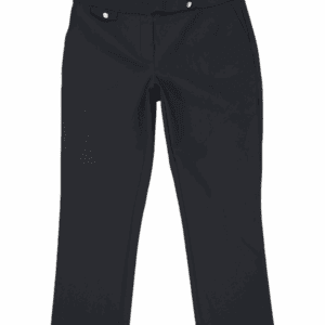 Black casual pants with pockets and a button closure.