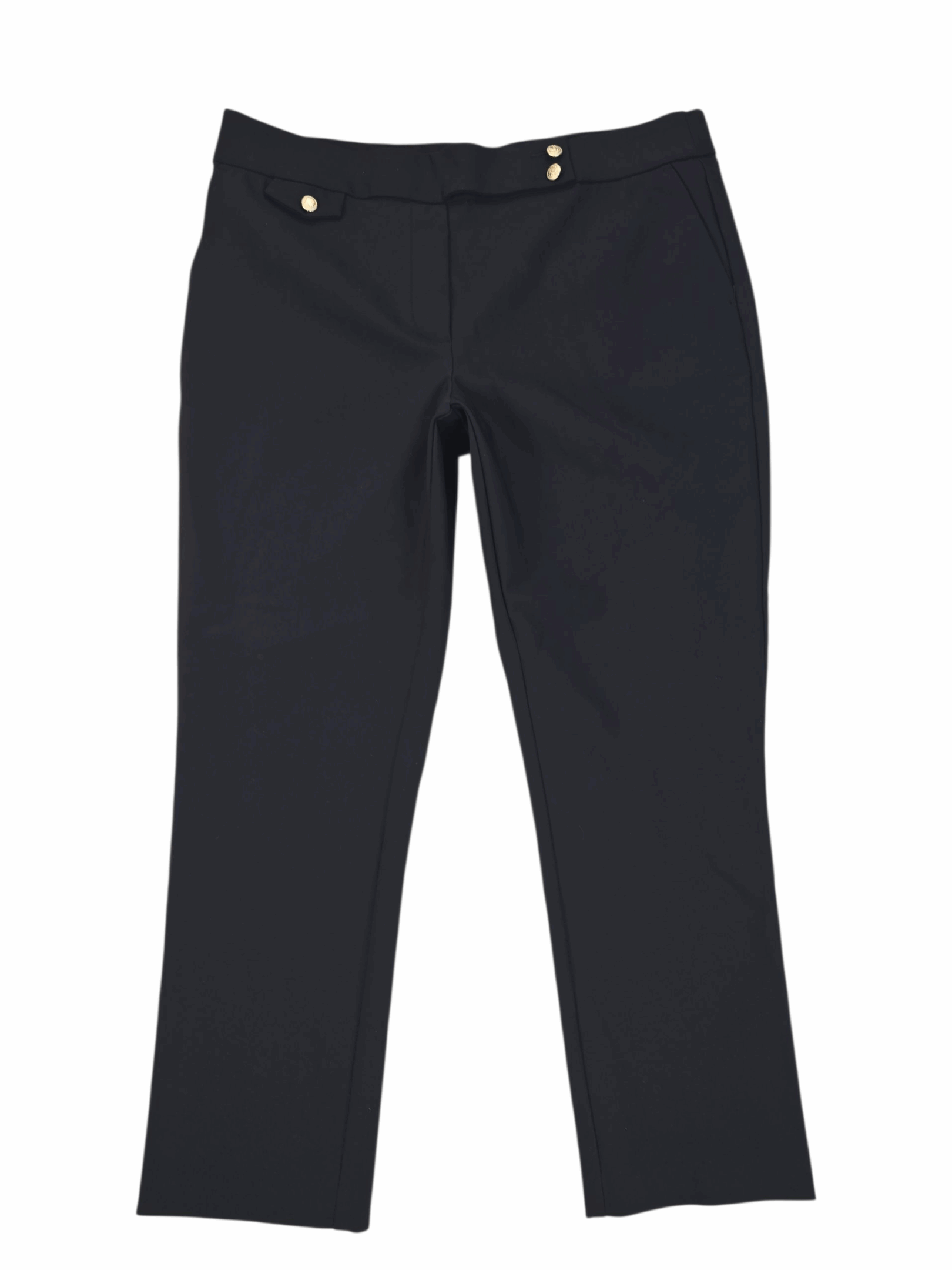 Black casual pants with pockets and a button closure.