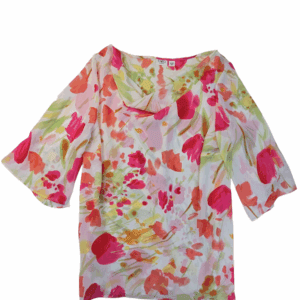 Floral patterned blouse with pink, red, and green colors on a white background.