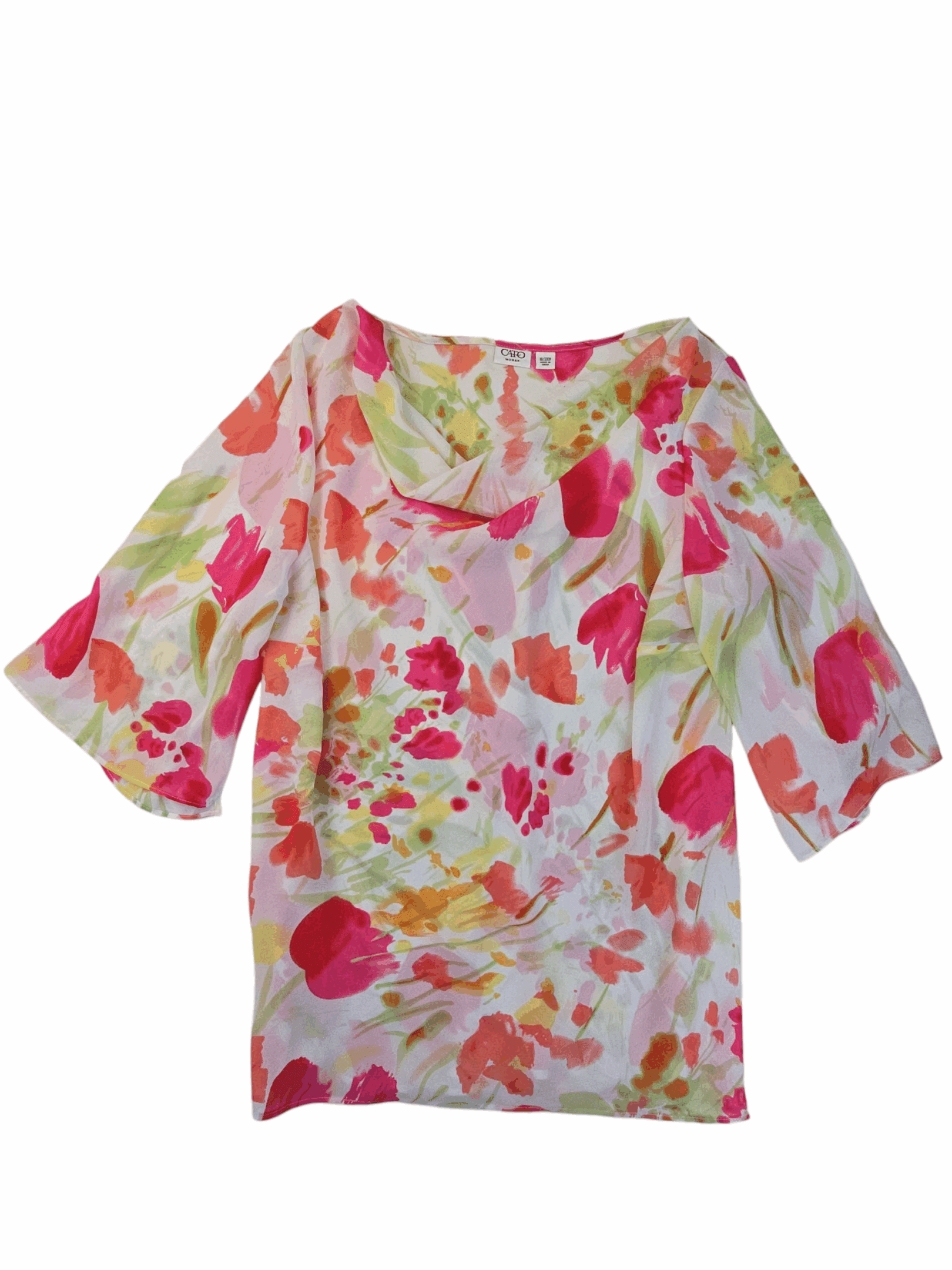 Floral patterned blouse with pink, red, and green colors on a white background.