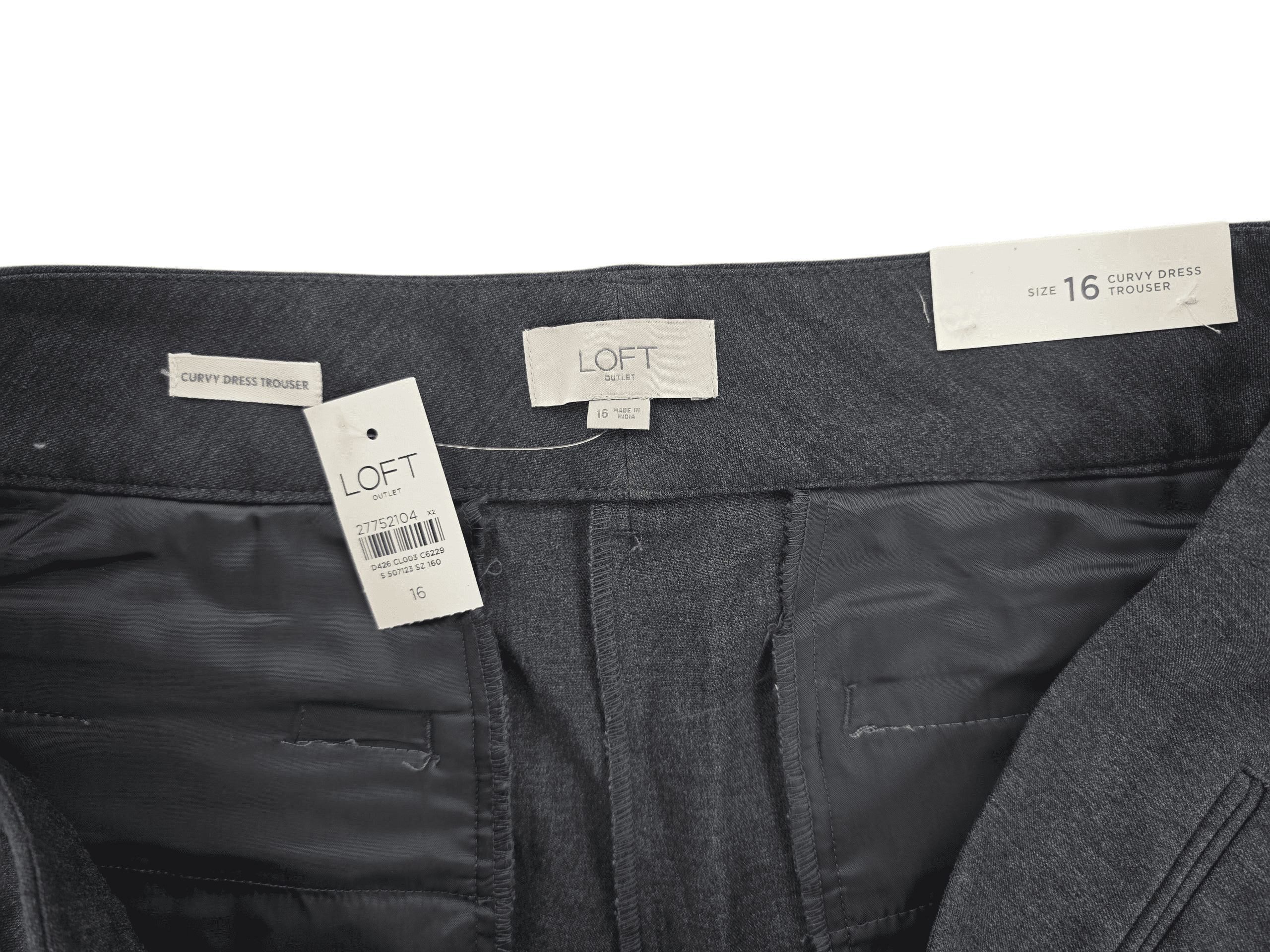 LOFT brand and size tag on Curvy smokey gray straight leg dress trousers in women’s size 16.