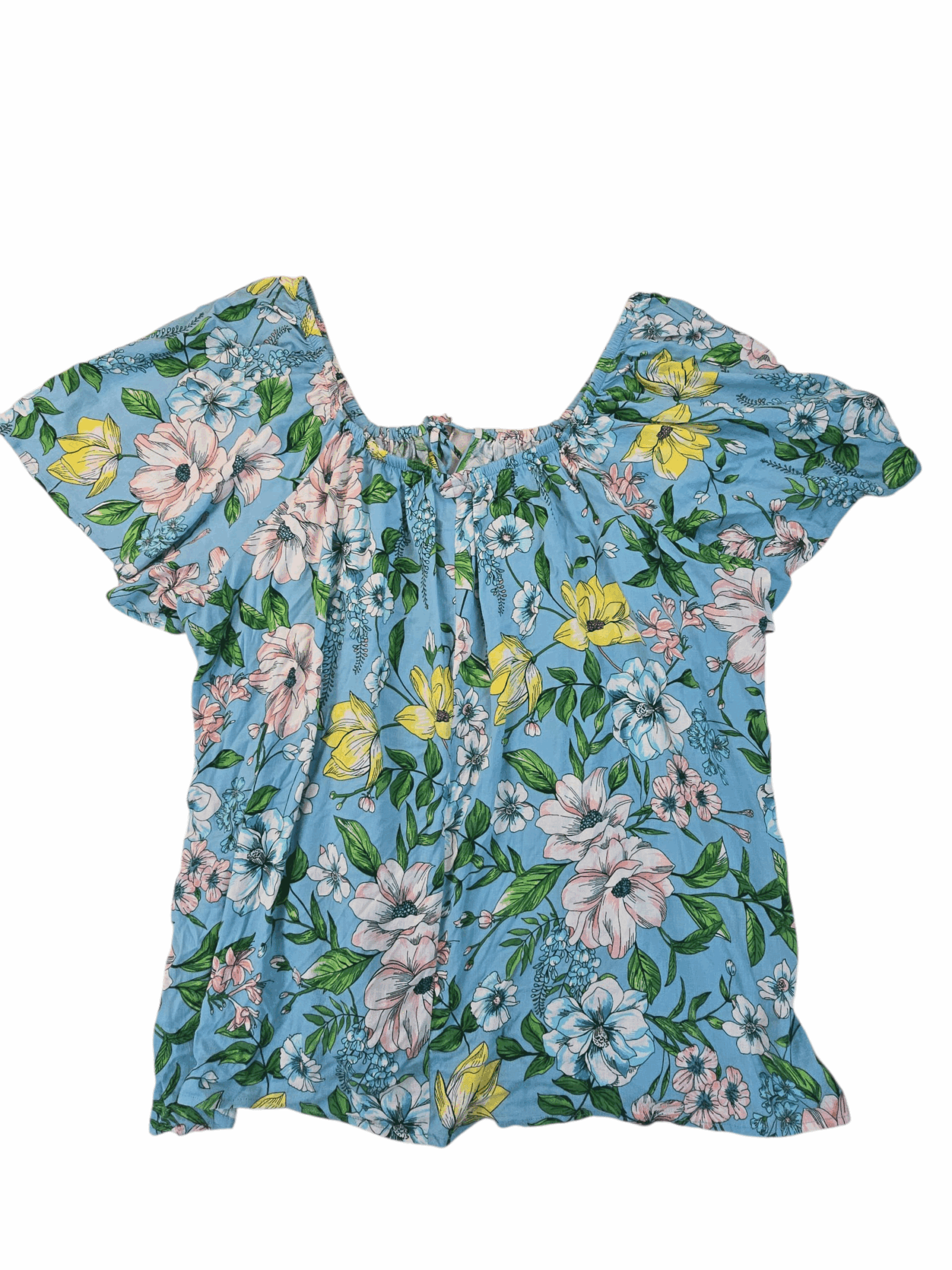 Blue floral off-shoulder dress with puffed sleeves and smocked neckline.