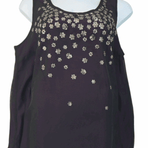 Black sleeveless top with scattered floral embellishments.